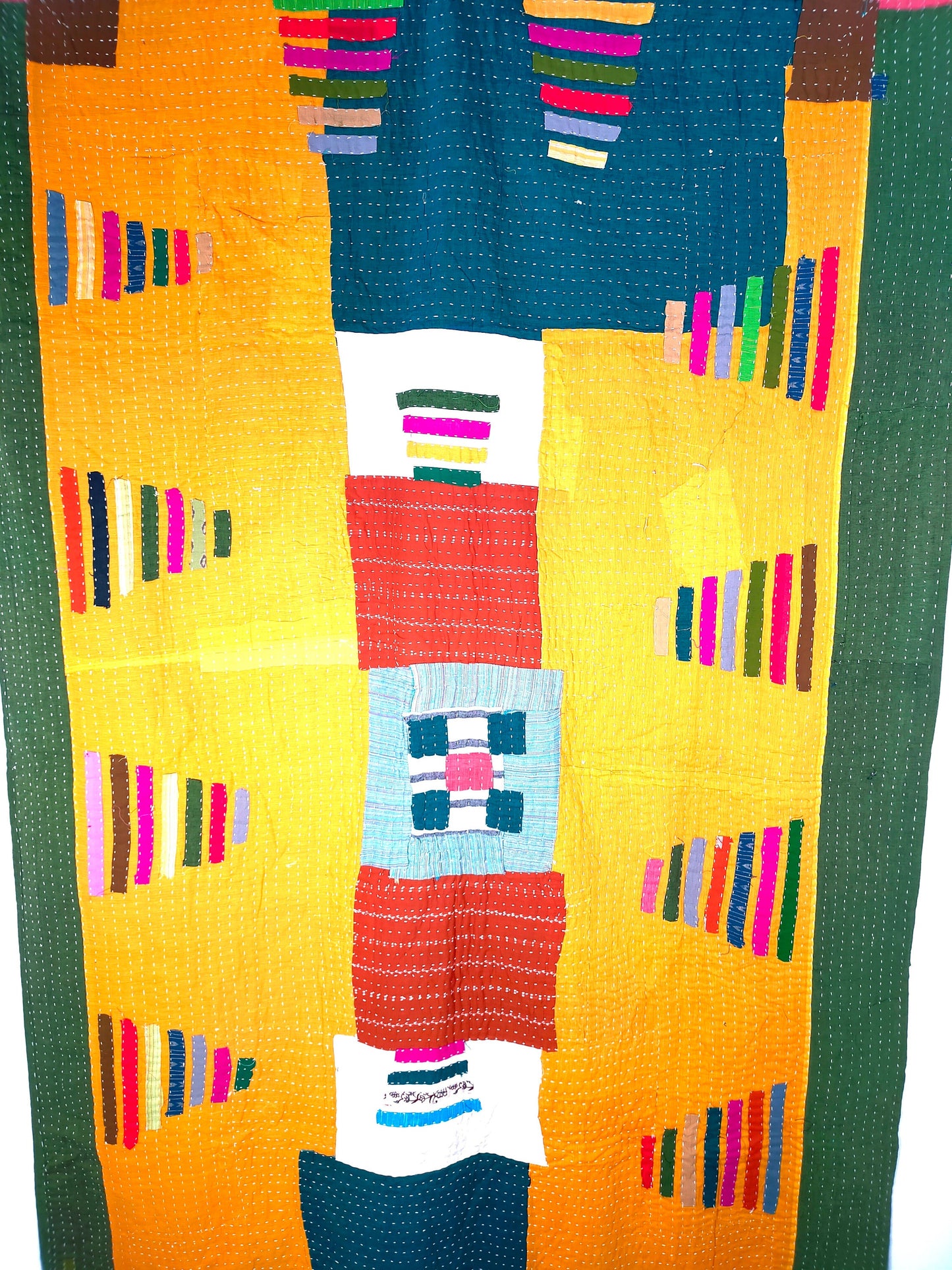 Siddi Tribal Patchwork Kawandi Kavand Single Quilted Kantha Blanket From India Bright Yellow Green