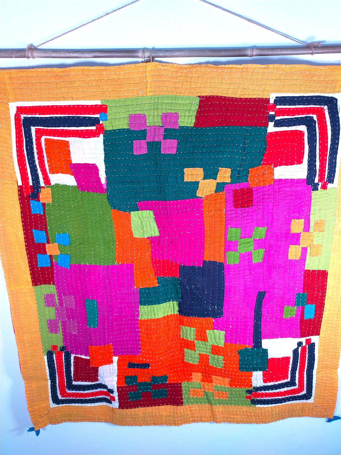 Hand Stitched Siddi Kawandi Patchwork Baby Blanket Or Wall Hanging Textile Art - Similar To Kantha