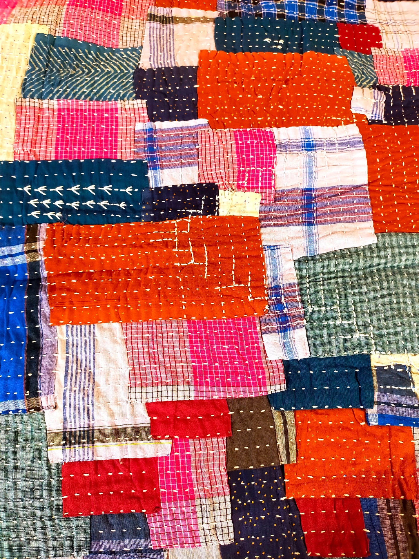 Hand-Stitched Naturally Dyed Godhari Kantha Patchwork Quilt From Maharashtra Made From Up-Cycled Cotton Offcuts