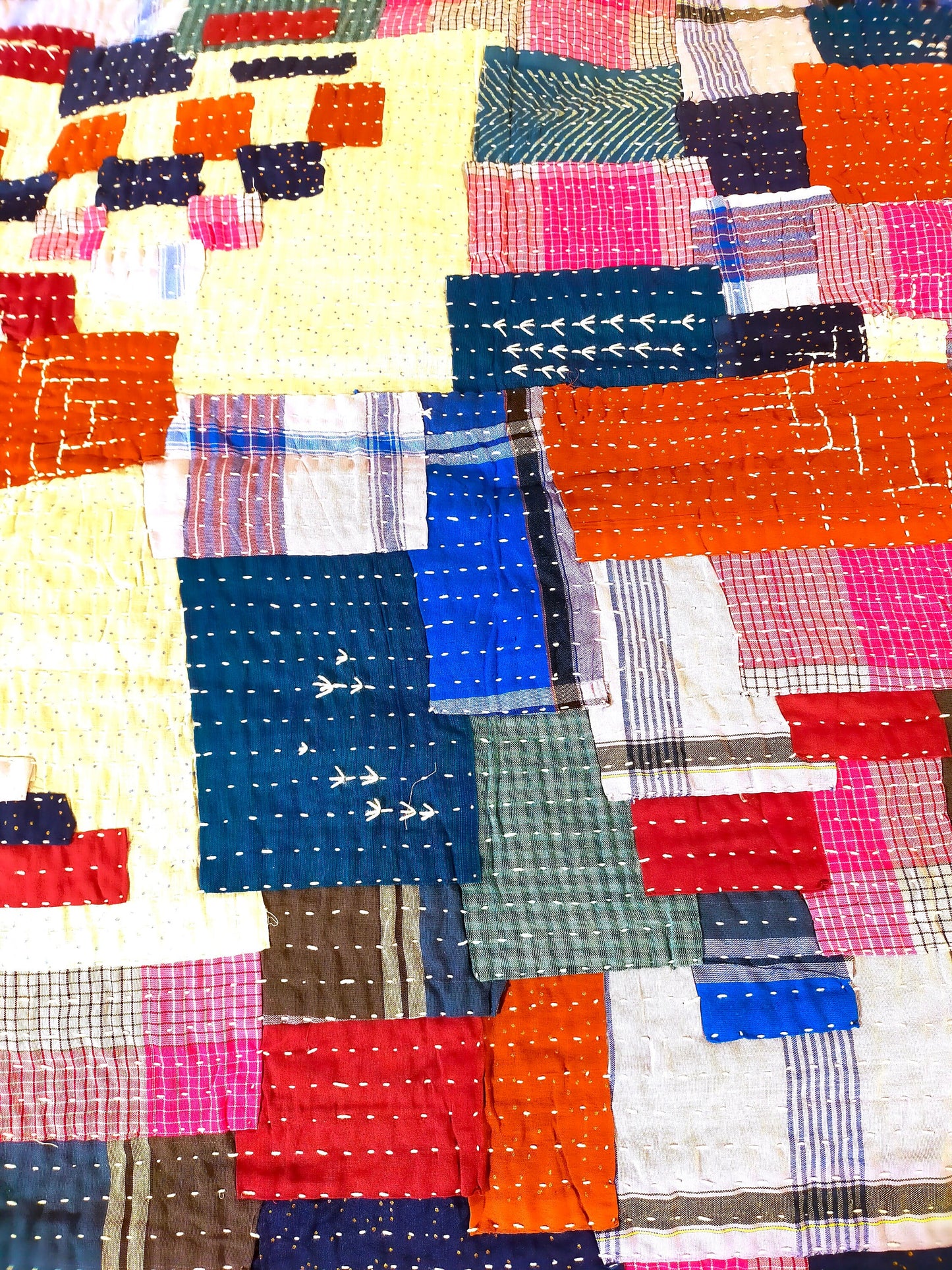 Hand-Stitched Naturally Dyed Godhari Kantha Patchwork Quilt From Maharashtra Made From Up-Cycled Cotton Offcuts