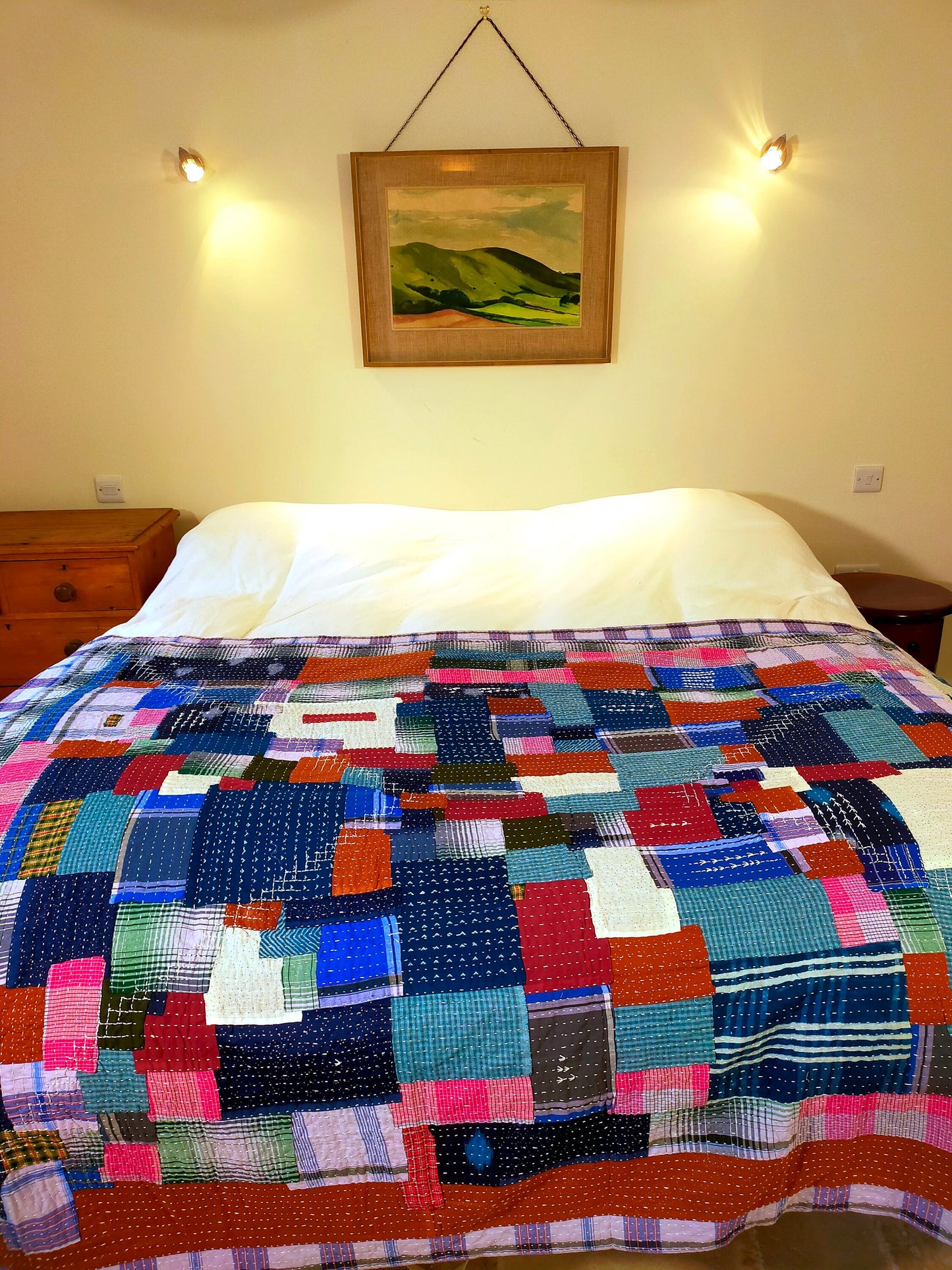 Hand-Stitched Naturally Dyed Godhari Kantha Patchwork Quilt From Maharashtra Made From Recycled Cotton Offcuts