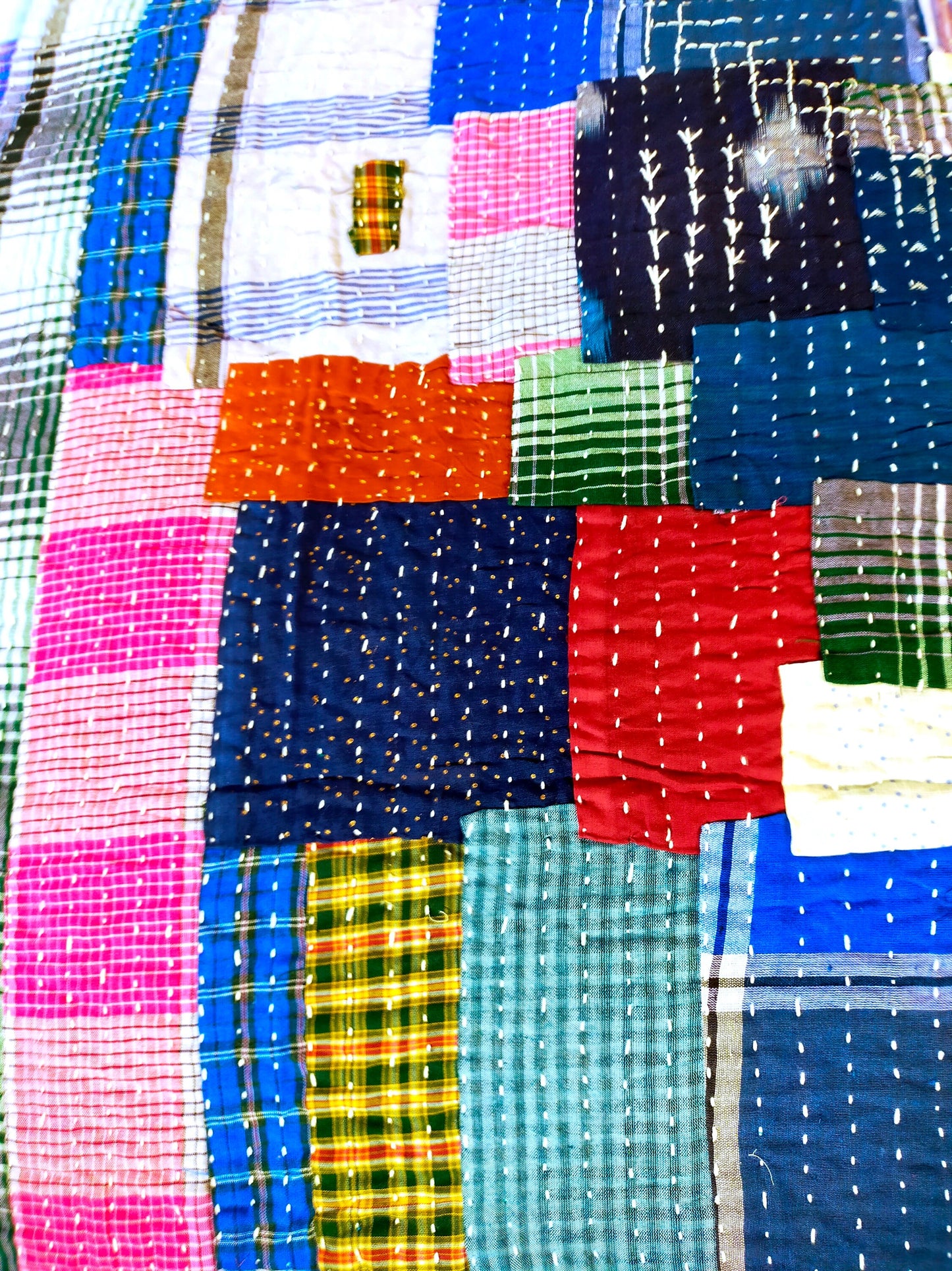 Hand-Stitched Naturally Dyed Godhari Kantha Patchwork Quilt From Maharashtra Made From Recycled Cotton Offcuts