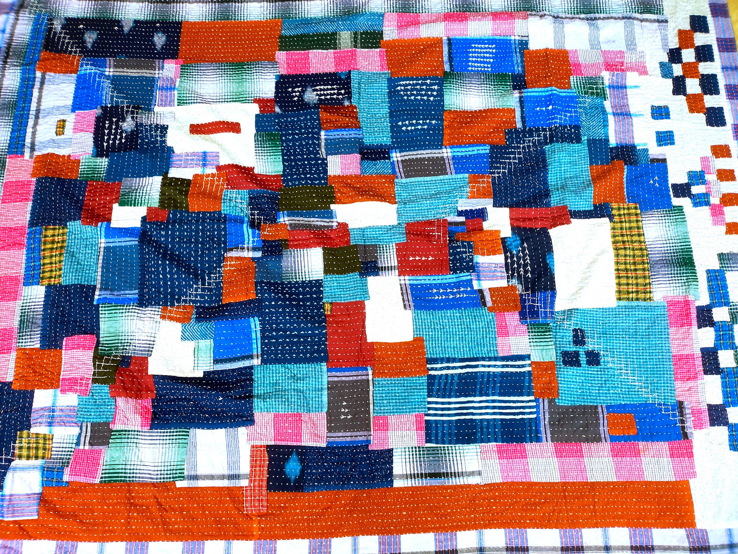 Hand-Stitched Naturally Dyed Godhari Kantha Patchwork Quilt From Maharashtra Made From Recycled Cotton Offcuts