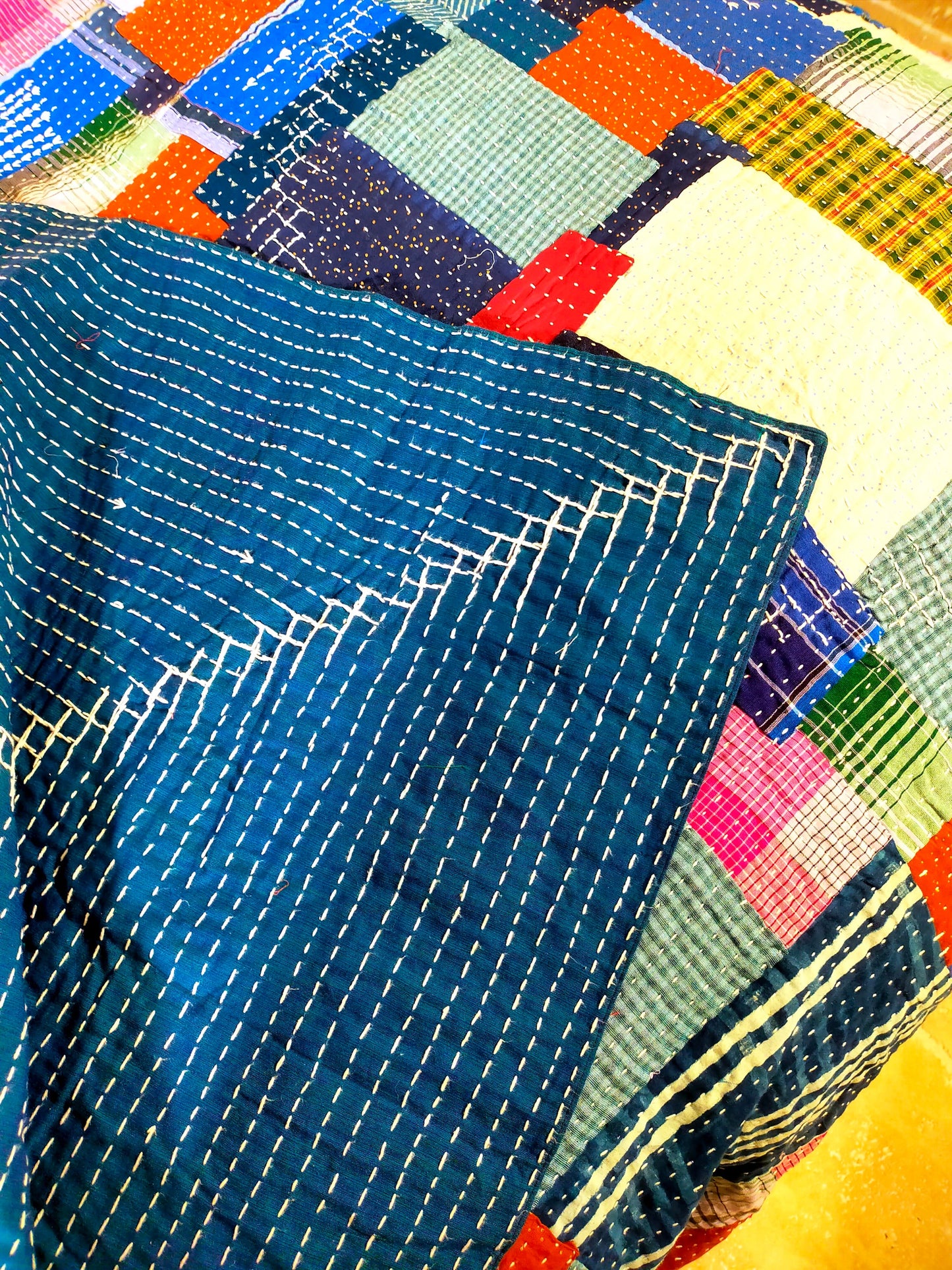Hand-Stitched Naturally Dyed Godhari Kantha Patchwork Quilt From Maharashtra Made From Recycled Cotton Offcuts