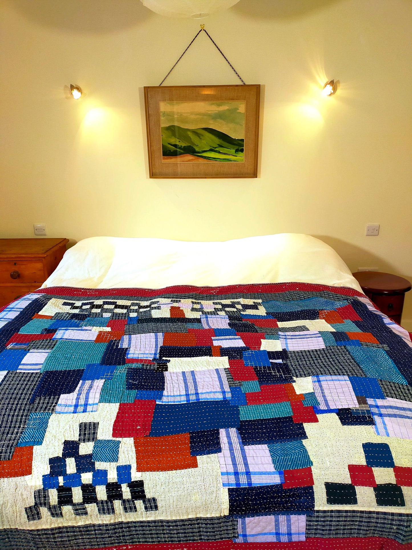 Hand-Stitched Naturally Dyed Godhari Kantha Patchwork Quilt From Maharashtra Made From Cotton Offcuts. Indigo, White and Burnt Orange