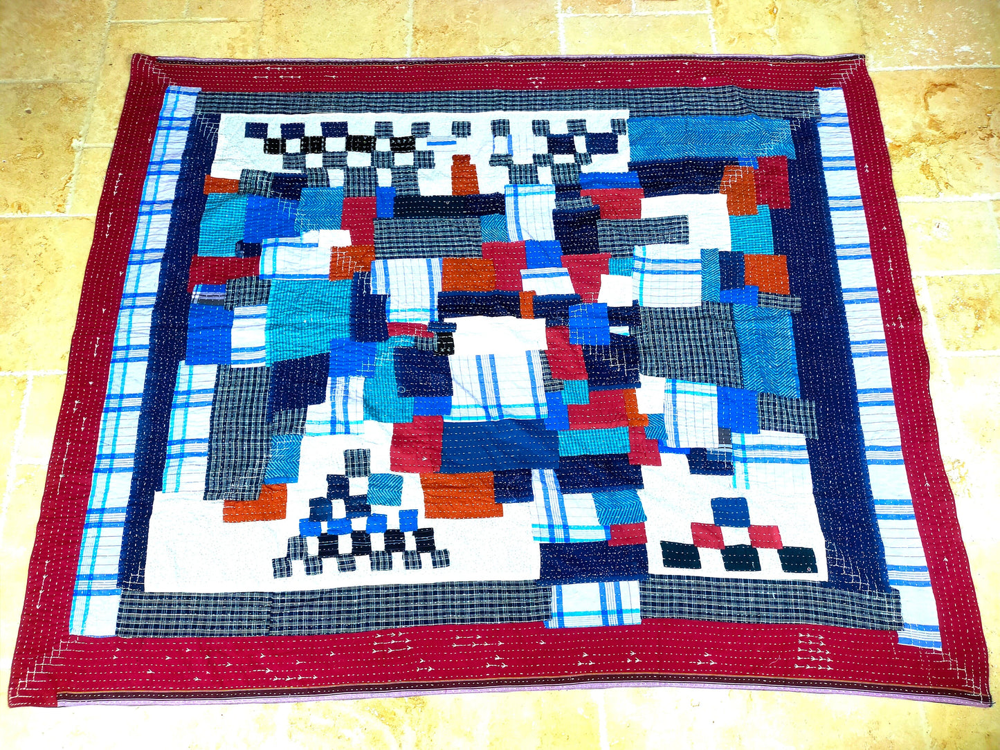 Hand-Stitched Naturally Dyed Godhari Kantha Patchwork Quilt From Maharashtra Made From Cotton Offcuts. Indigo, White and Burnt Orange