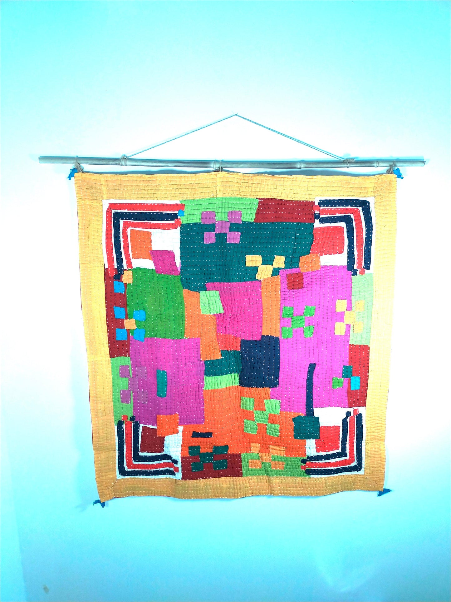 Hand Stitched Siddi Kawandi Patchwork Baby Blanket Or Wall Hanging Textile Art - Similar To Kantha