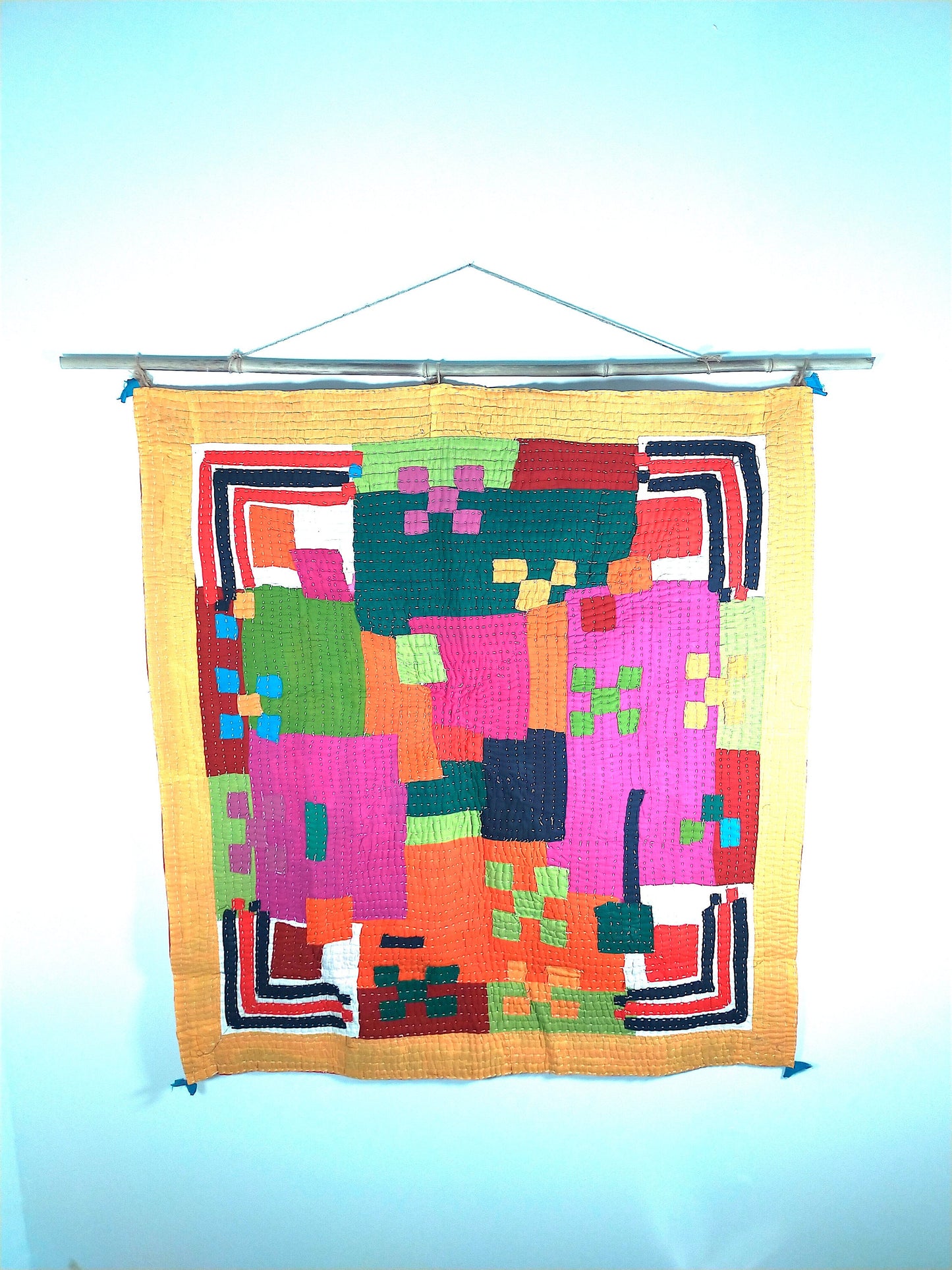 Hand Stitched Siddi Kawandi Patchwork Baby Blanket Or Wall Hanging Textile Art - Similar To Kantha