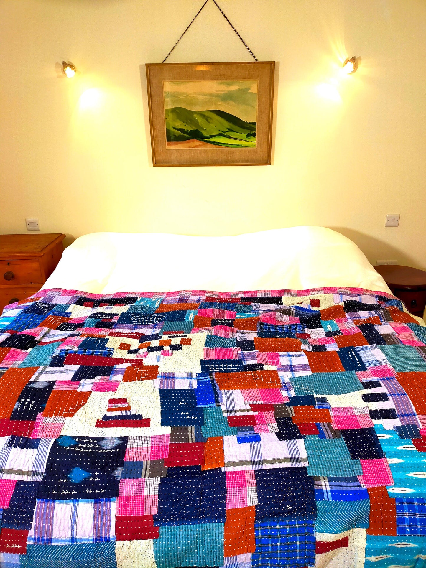 Hand-Stitched Naturally Dyed Godhari Kantha Patchwork Quilt From Maharashtra Made From Up-Cycled Cotton Offcuts