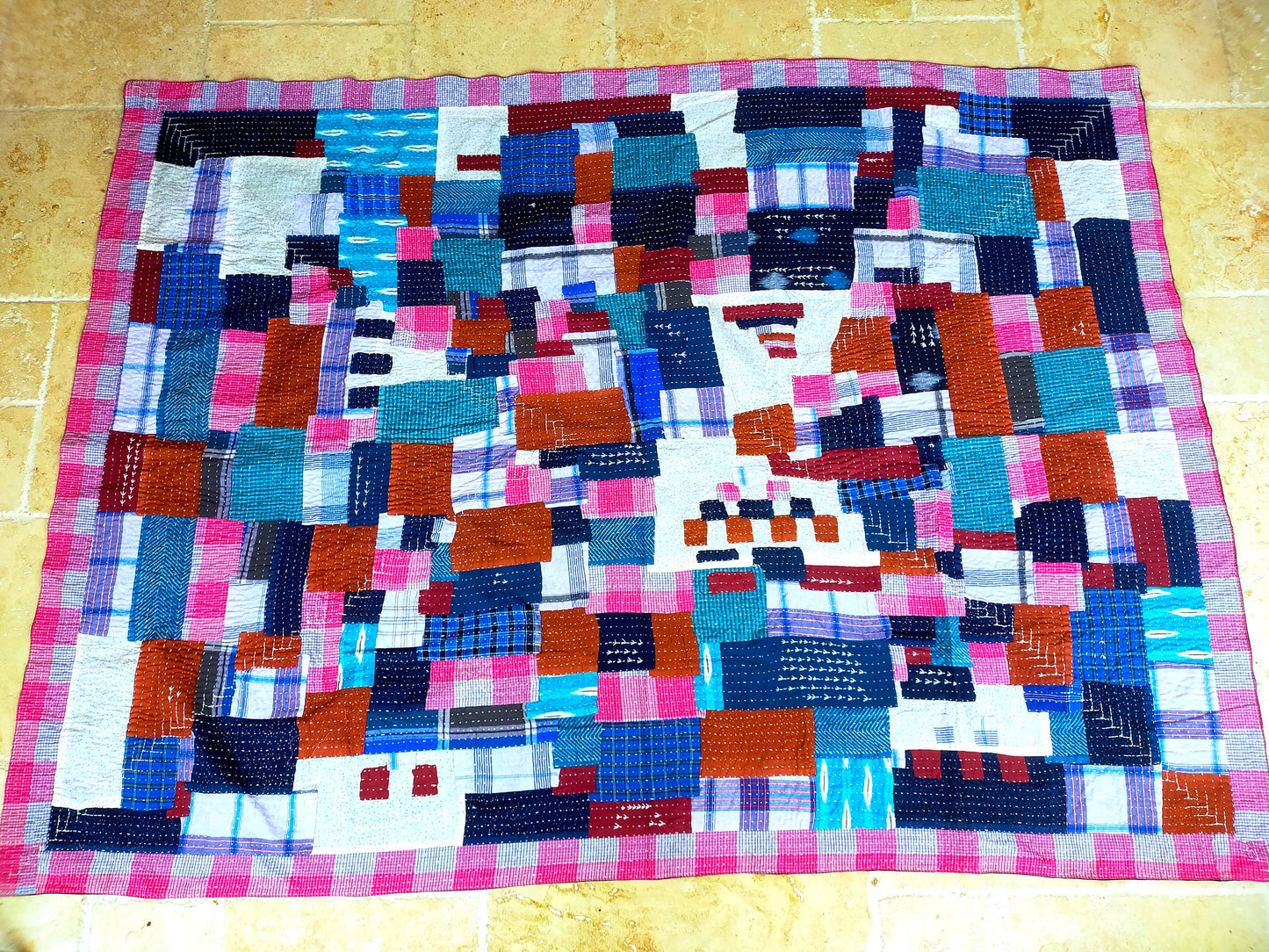 Hand-Stitched Naturally Dyed Godhari Kantha Patchwork Quilt From Maharashtra Made From Up-Cycled Cotton Offcuts