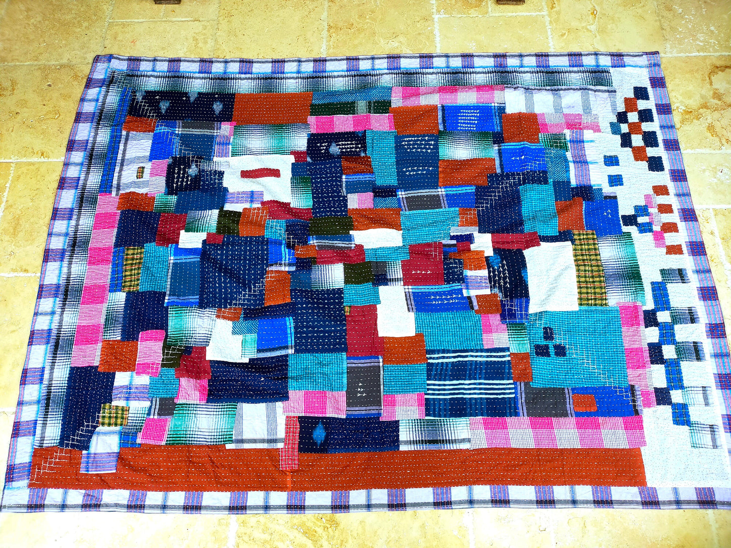 Hand-Stitched Naturally Dyed Godhari Kantha Patchwork Quilt From Maharashtra Made From Recycled Cotton Offcuts