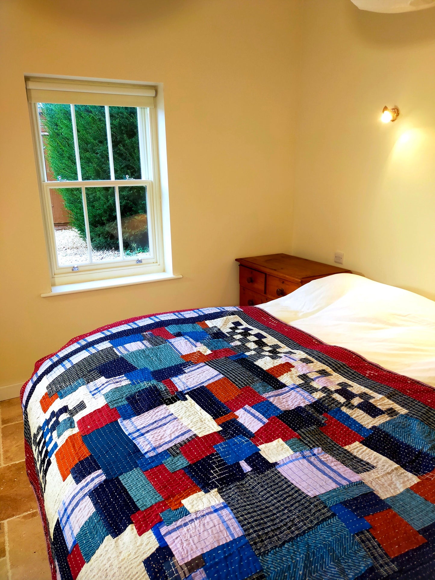 Hand-Stitched Naturally Dyed Godhari Kantha Patchwork Quilt From Maharashtra Made From Cotton Offcuts. Indigo, White and Burnt Orange