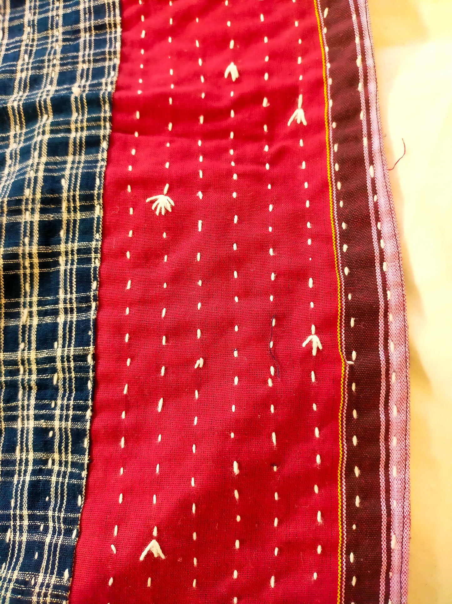 Hand-Stitched Naturally Dyed Godhari Kantha Patchwork Quilt From Maharashtra Made From Cotton Offcuts. Indigo, White and Burnt Orange