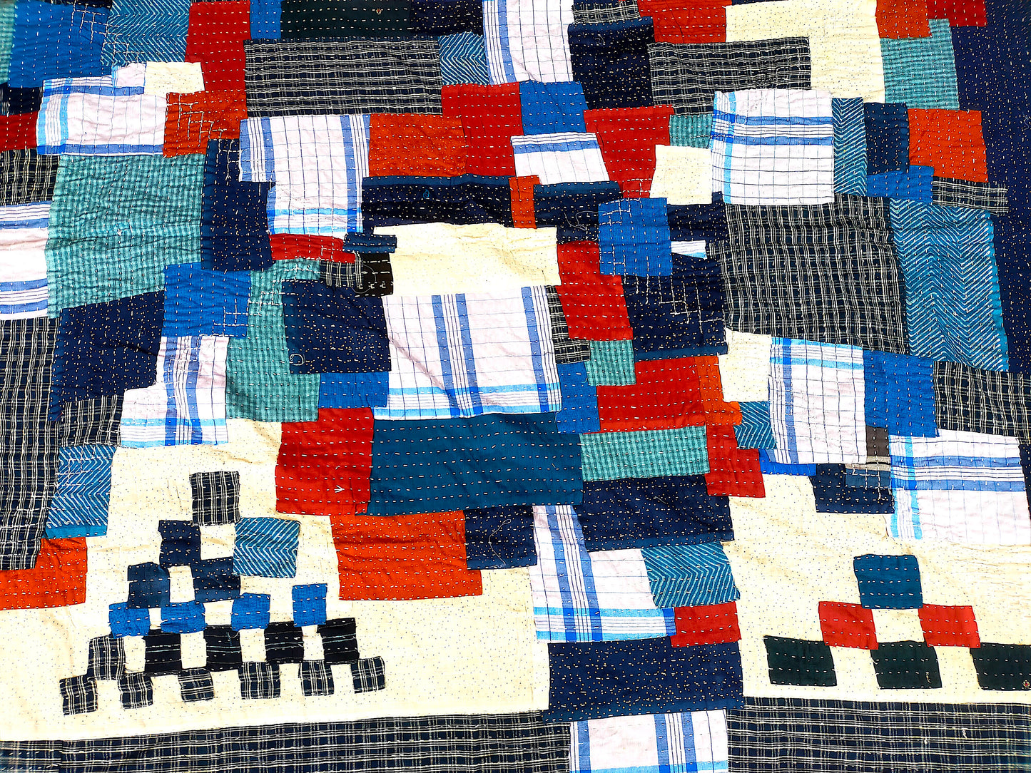 Hand-Stitched Naturally Dyed Godhari Kantha Patchwork Quilt From Maharashtra Made From Cotton Offcuts. Indigo, White and Burnt Orange