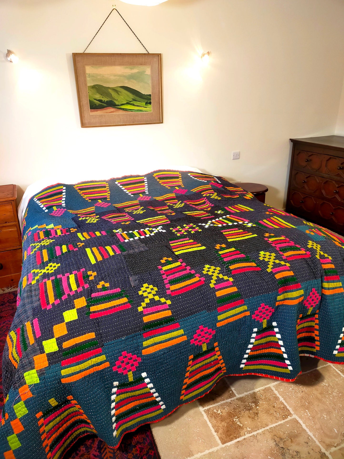 A Siddi Kawandi - Patchwork Kantha Double Blanket, Made With Recycled Cotton - Hand-Stitched By African Indian Women In India