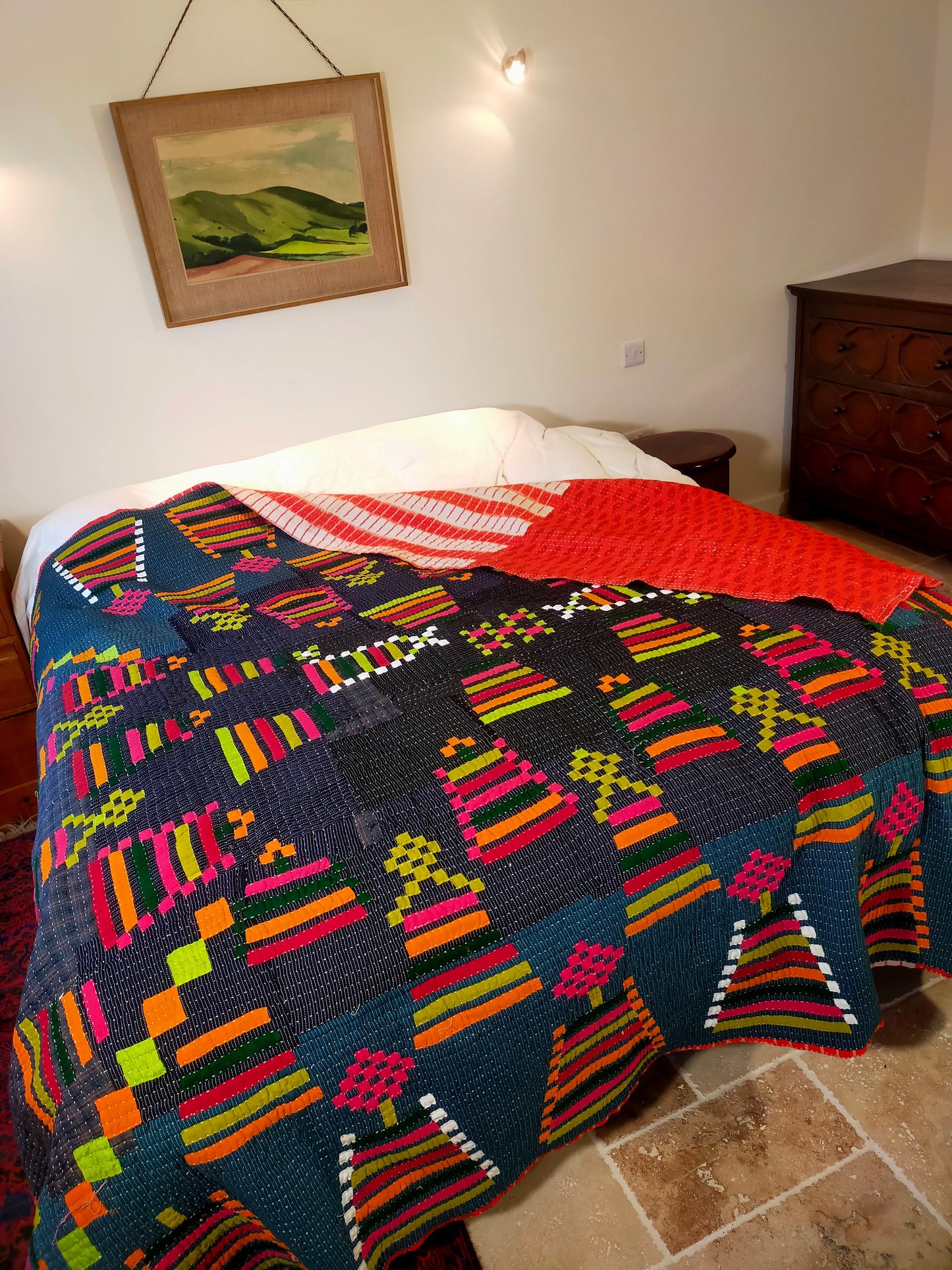 A Siddi Kawandi - Patchwork Kantha Double Blanket, Made With Recycled Cotton - Hand-Stitched By African Indian Women In India