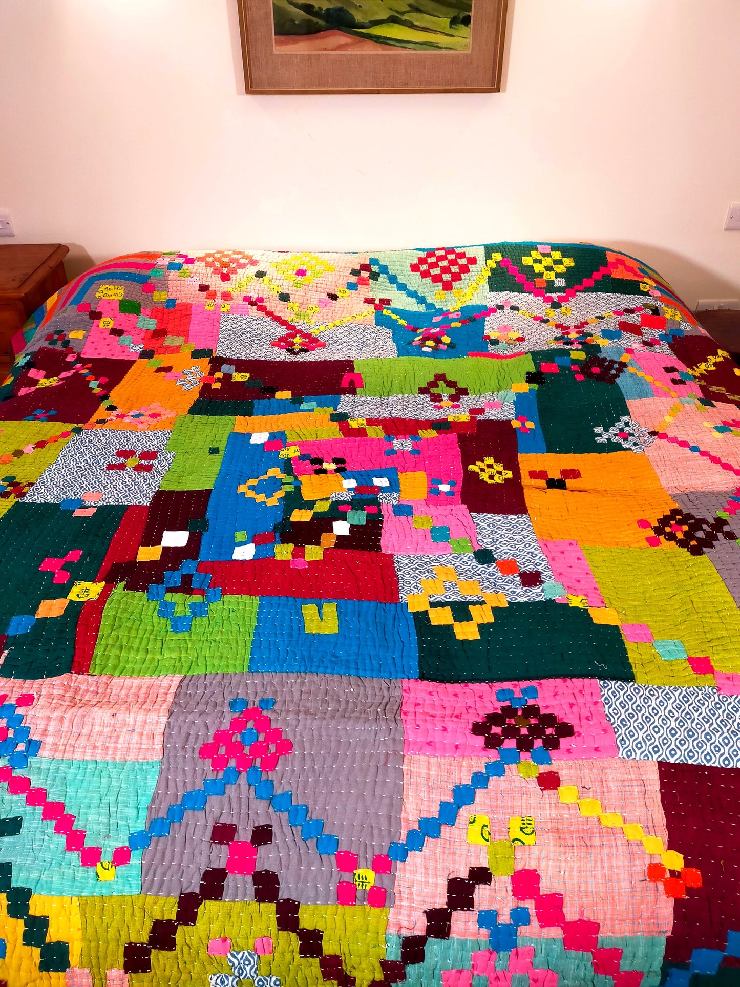 Siddi Kawandi - Patchwork Kantha Double Blanket, Made With Recycled Cotton - Hand-Stitched By African Indian Women In Karnataka