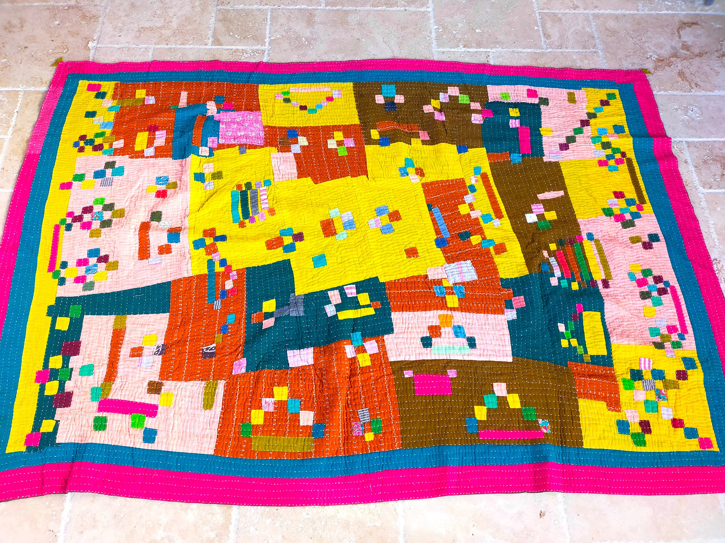 Siddi Kawandi - Patchwork Kantha Single Blanket Or Throw, Made With Recycled Cotton - Hand-Stitched By African Indian Women In India