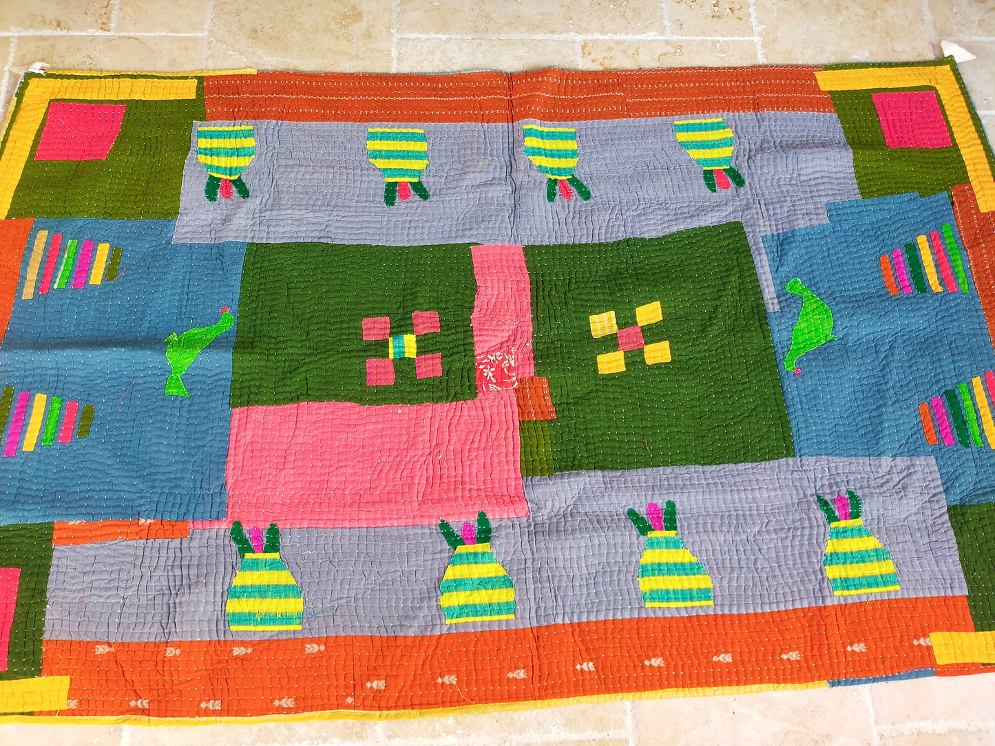 Siddi Kawandi - Patchwork Kantha Single Blanket Or Textile Art, Made With Recycled Cotton - Hand-Stitched By African Indian Women In India