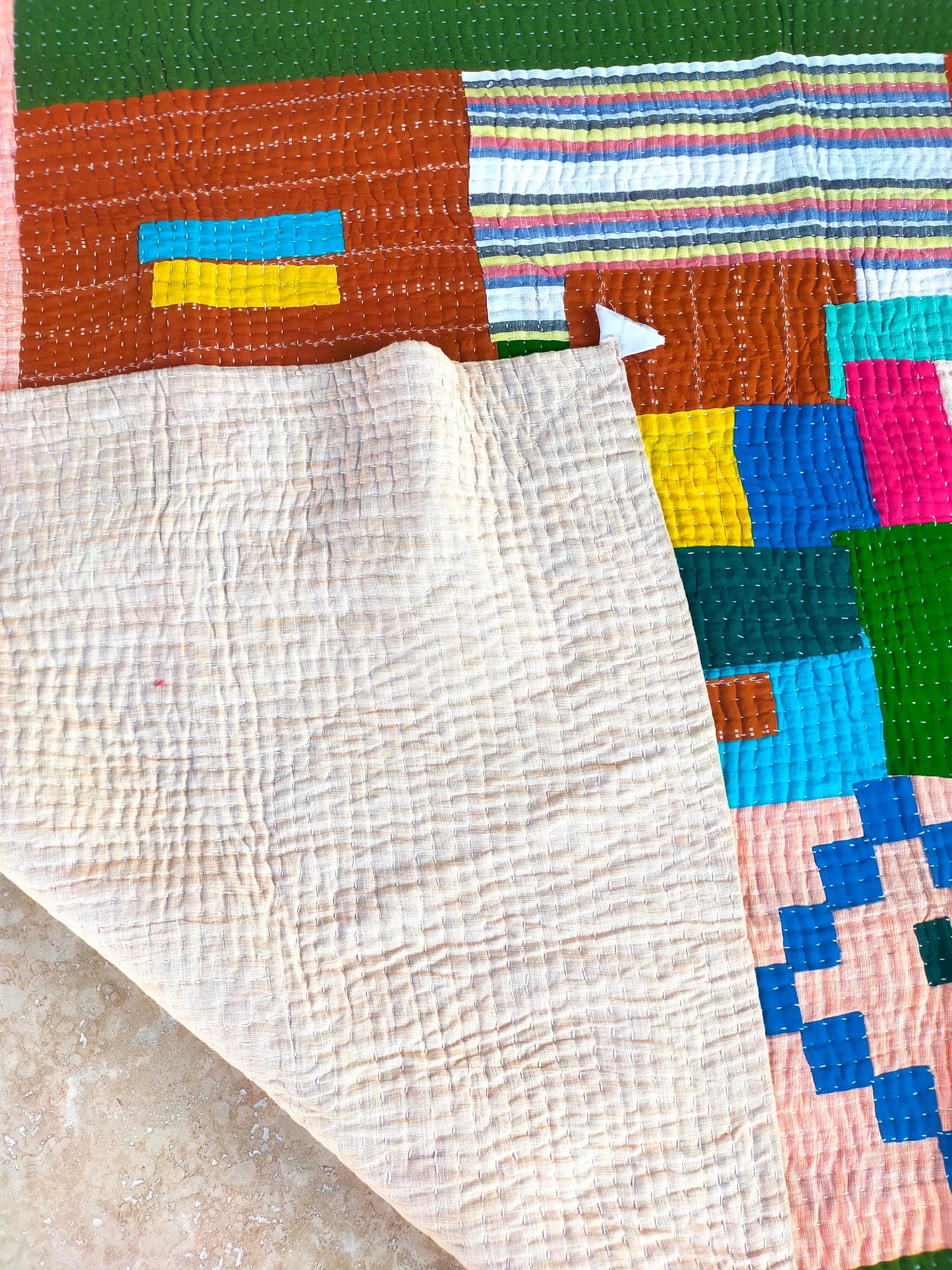 Siddi Kavand - Kantha Quilt - Single Quilt Or Throw, Made With Recycled Cotton Offcuts - Hand-Stitched By Women In Karnataka, India