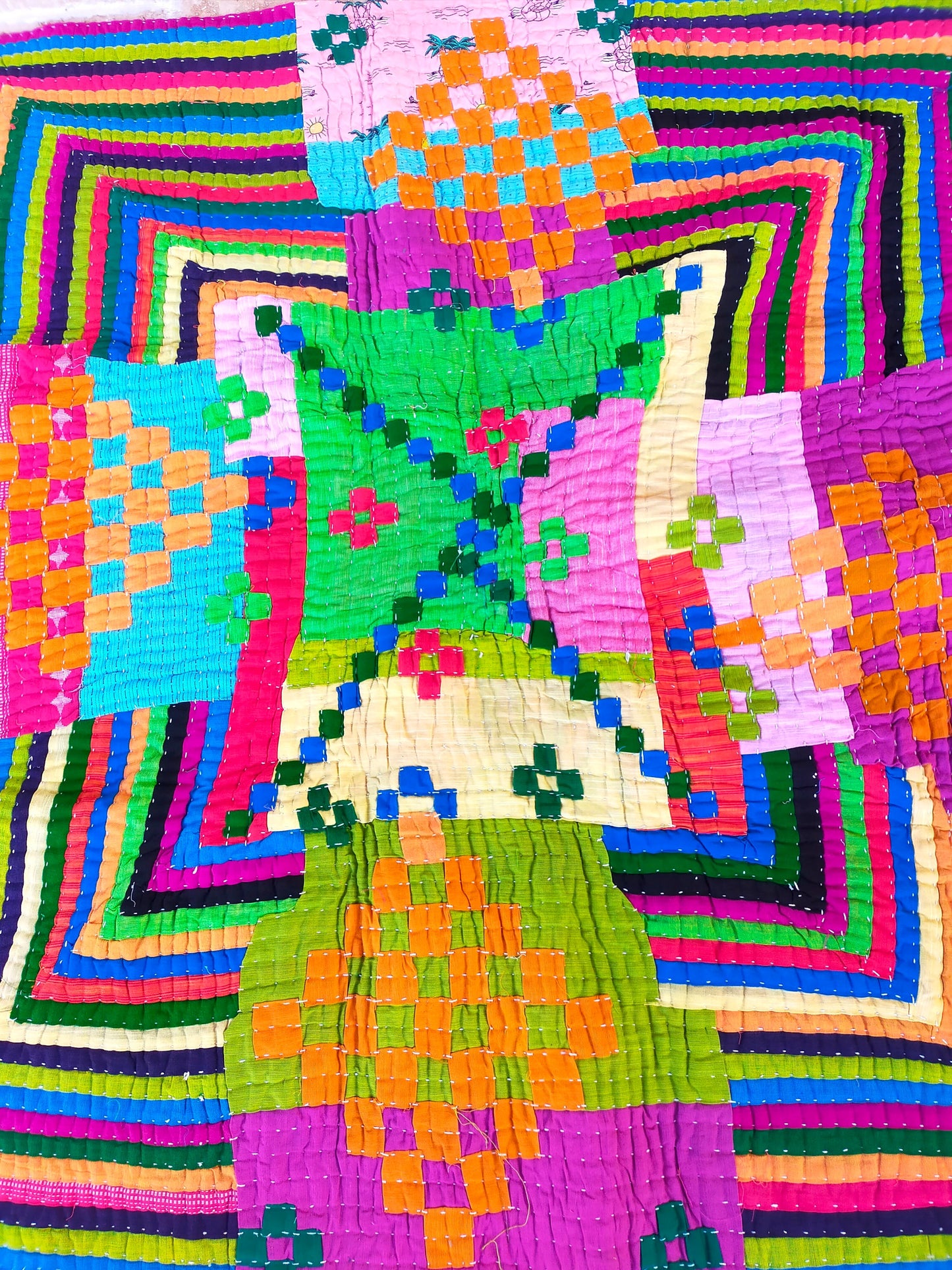 Siddi Kavand - Kantha Quilt - Baby Blanket Or Wall Hanging, Made With Up-Cycled Cotton Offcuts - Hand-Stitched By Women In Karnataka, India