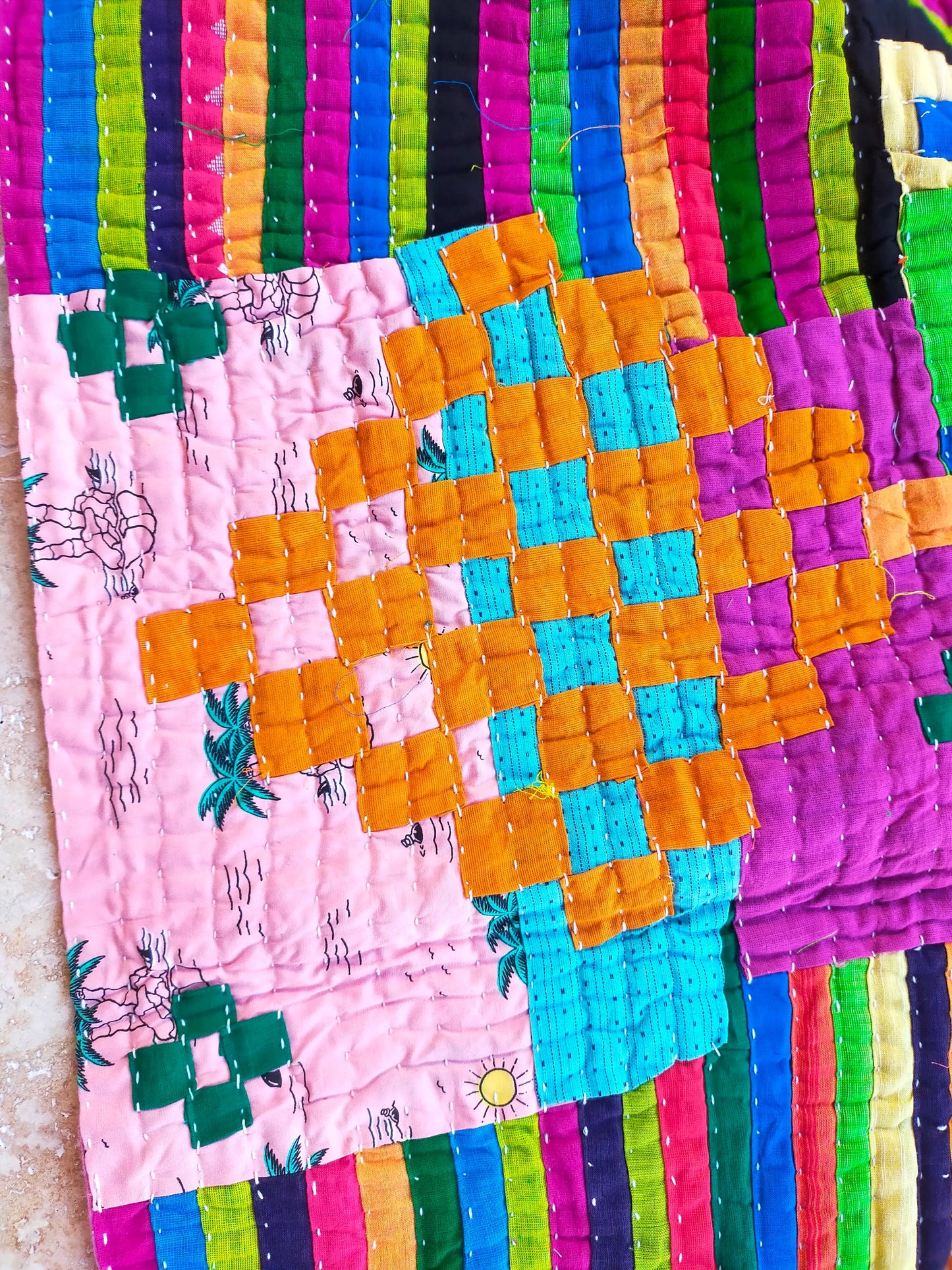 Siddi Kavand - Kantha Quilt - Baby Blanket Or Wall Hanging, Made With Up-Cycled Cotton Offcuts - Hand-Stitched By Women In Karnataka, India