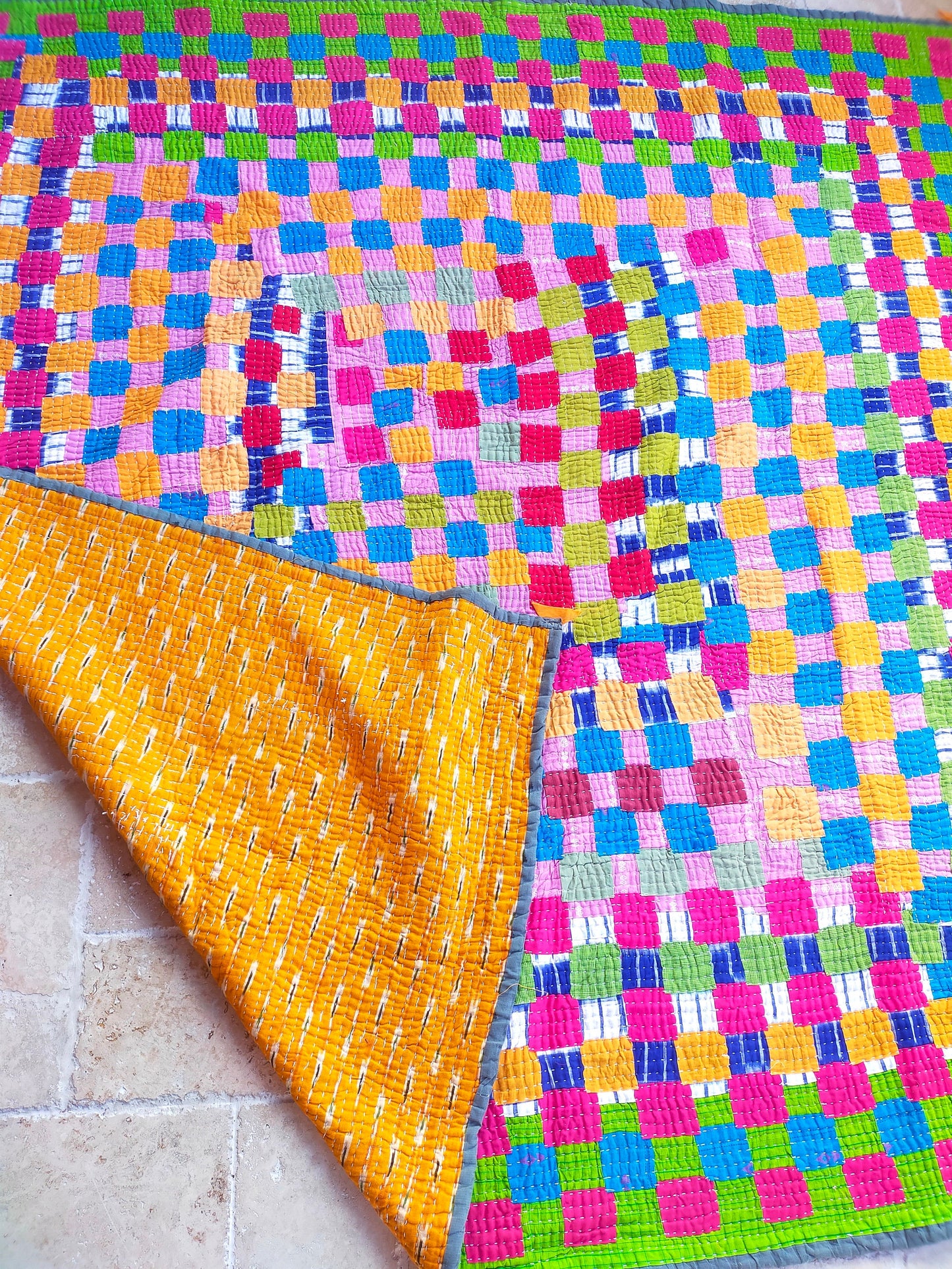 Siddi Kavand - Kantha Quilt - Double Quilt Or Textile Art, Made With Up-Cycled Cotton Offcuts - Hand-Stitched By Women In Karnataka, India