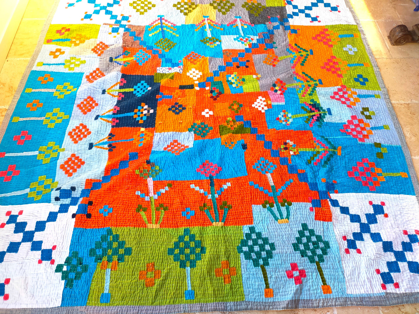 Siddi Kawandi - Patchwork Kantha Double Blanket, Made With Up-Cycled Cotton - Hand-Stitched By African Indian Women In India