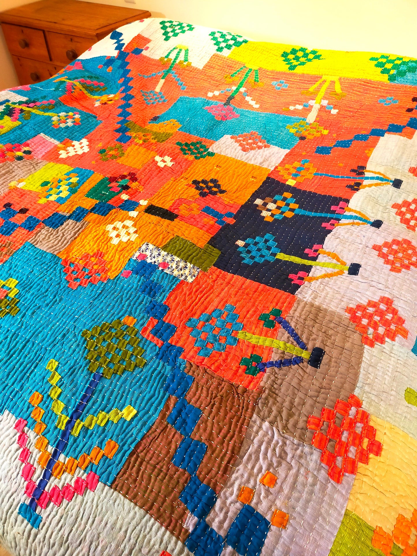 Siddi Kawandi - Patchwork Kantha Double Blanket, Made With Up-Cycled Cotton - Hand-Stitched By African Indian Women In India