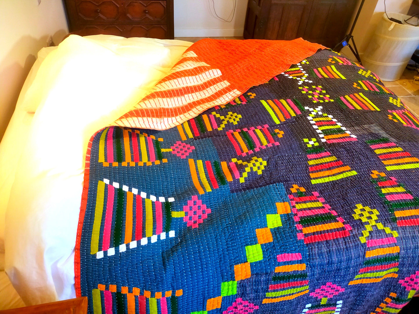 A Siddi Kawandi - Patchwork Kantha Double Blanket, Made With Recycled Cotton - Hand-Stitched By African Indian Women In India