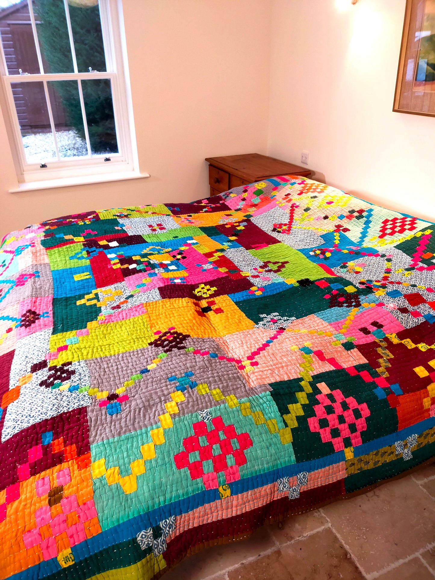 Siddi Kawandi - Patchwork Kantha Double Blanket, Made With Recycled Cotton - Hand-Stitched By African Indian Women In Karnataka