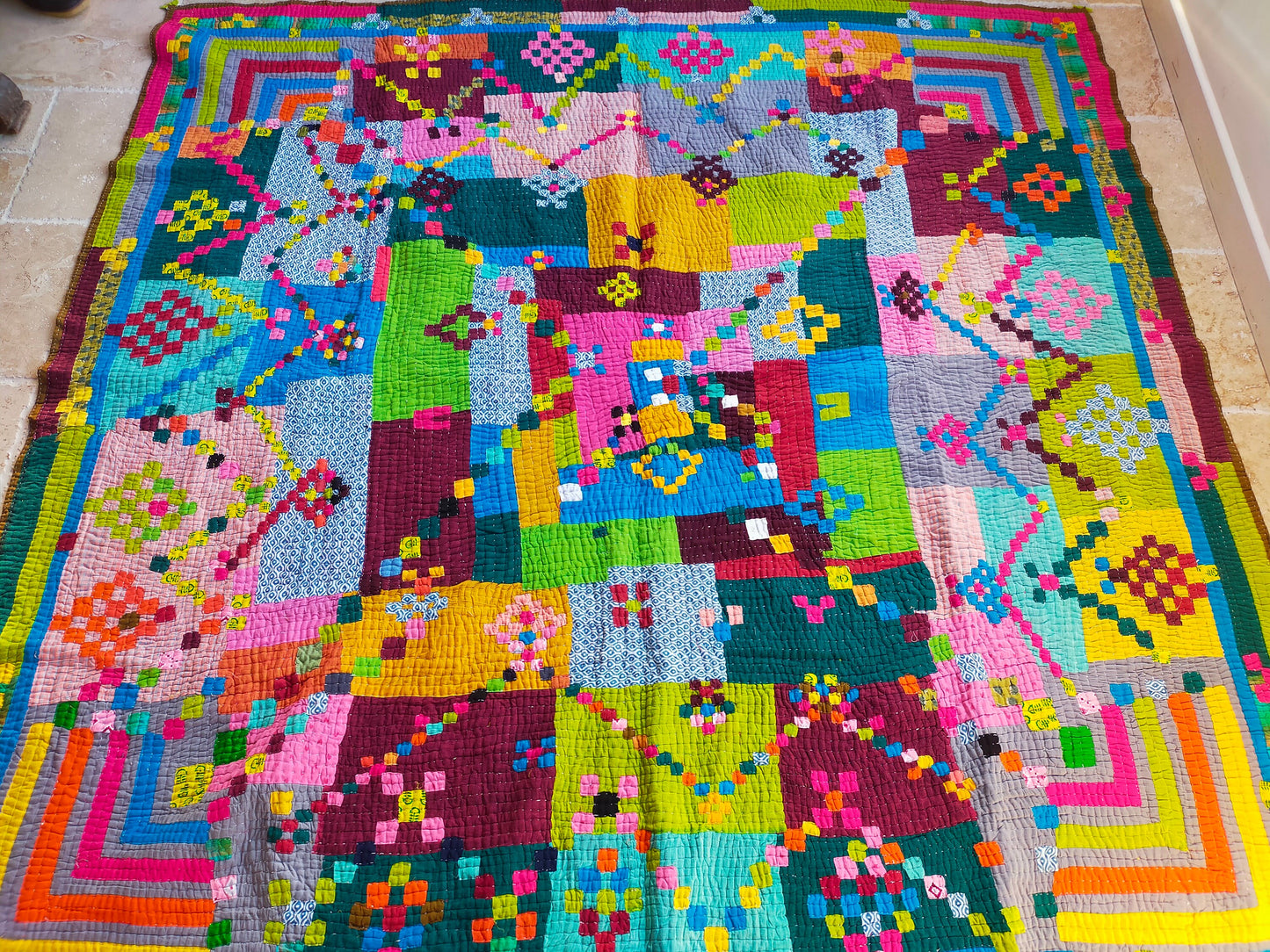 Siddi Kawandi - Patchwork Kantha Double Blanket, Made With Recycled Cotton - Hand-Stitched By African Indian Women In Karnataka