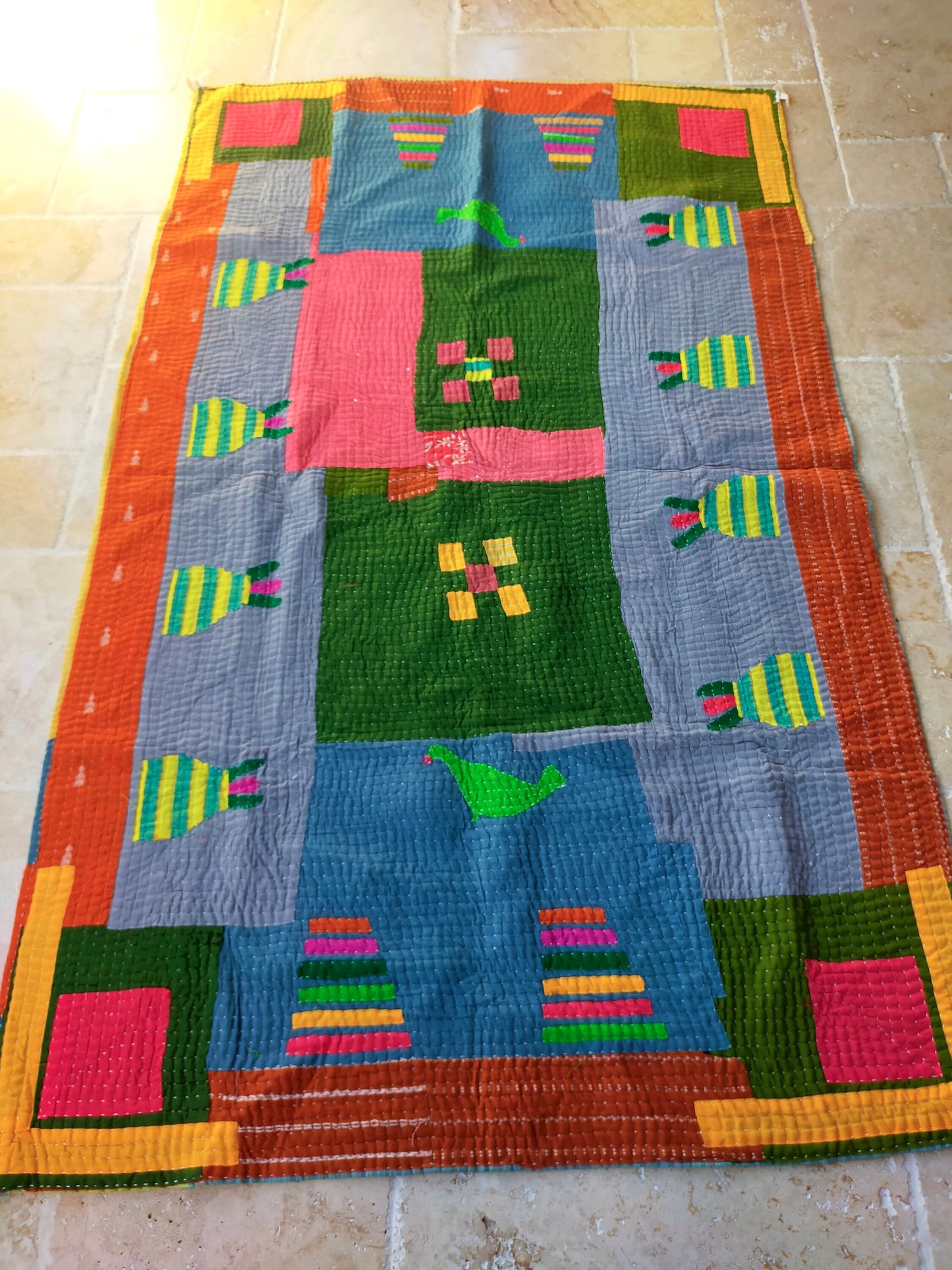 Siddi Kawandi - Patchwork Kantha Single Blanket Or Textile Art, Made With Recycled Cotton - Hand-Stitched By African Indian Women In India