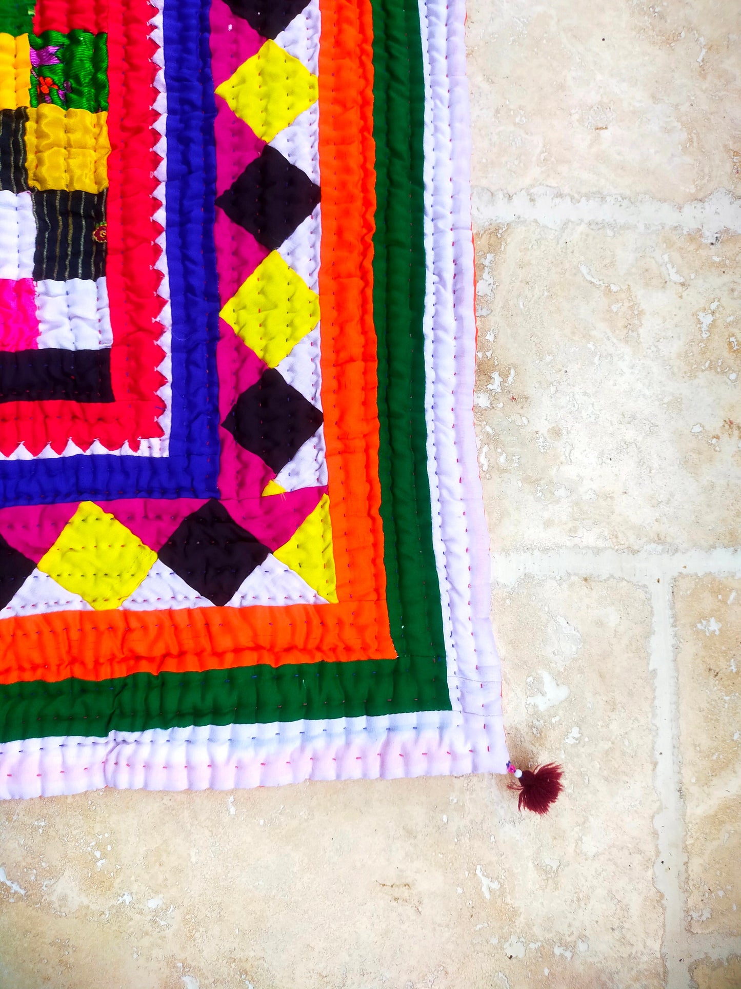 Hand Stitched Patchwork Quilt From The Meghwal Tribe Of Kutch, Gujarat. Ralli Multi Coloured