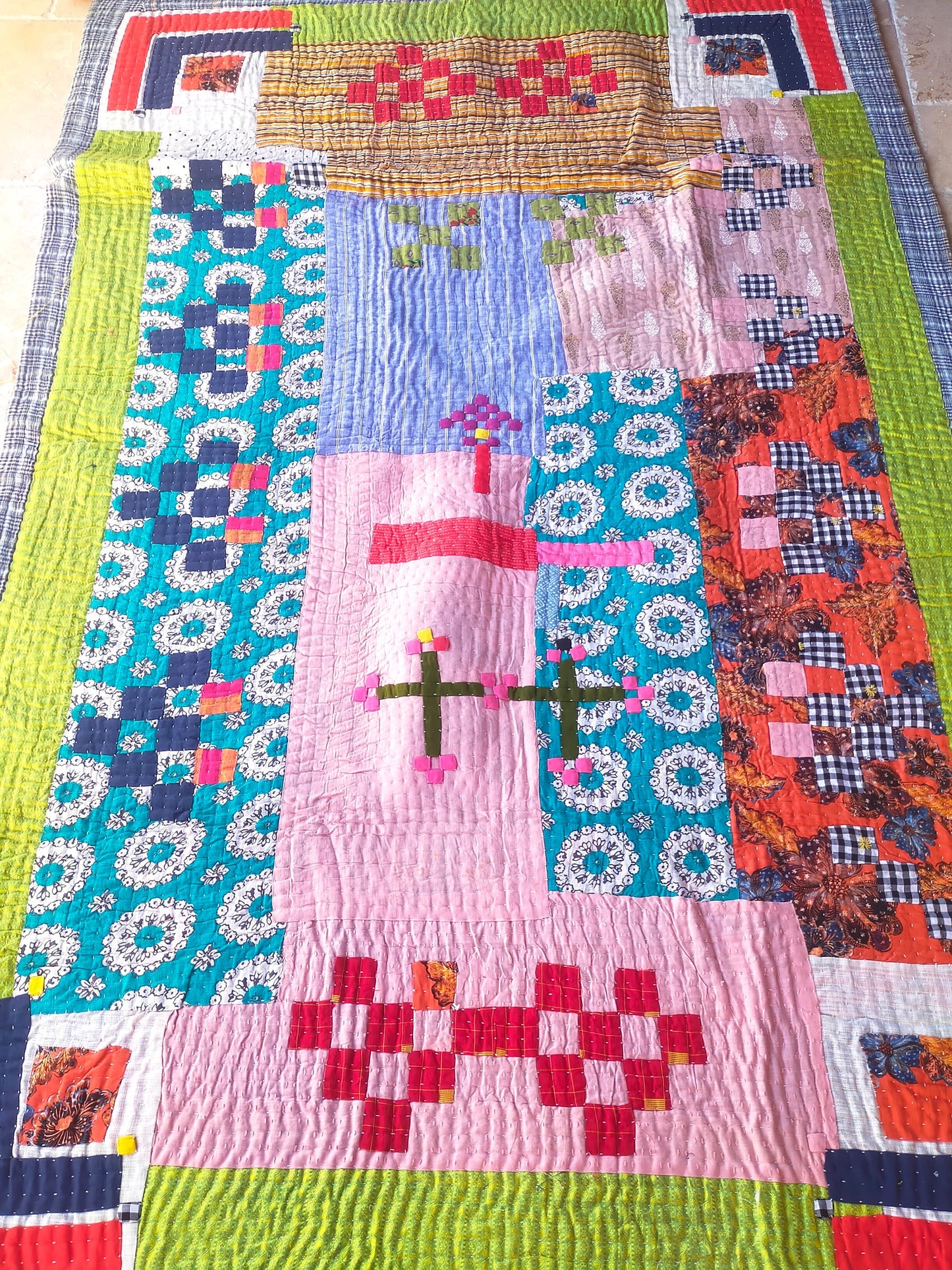 Siddi Kavand - Kantha Quilt - Single Quilt Or Textile Art, Made With Recycled Cotton - Hand-Stitched By Women In India