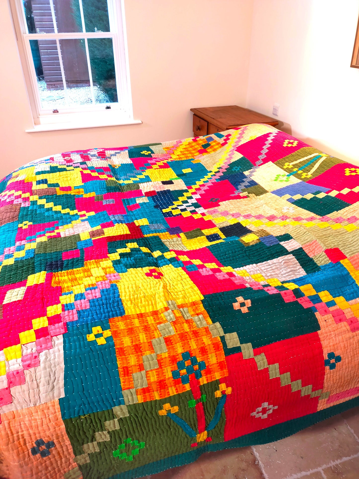 A Siddi Kavand - Kantha Quilt - Large Quilt Or Textile Art, Made With Up-Cycled Cotton - Hand-Stitched By Women In India