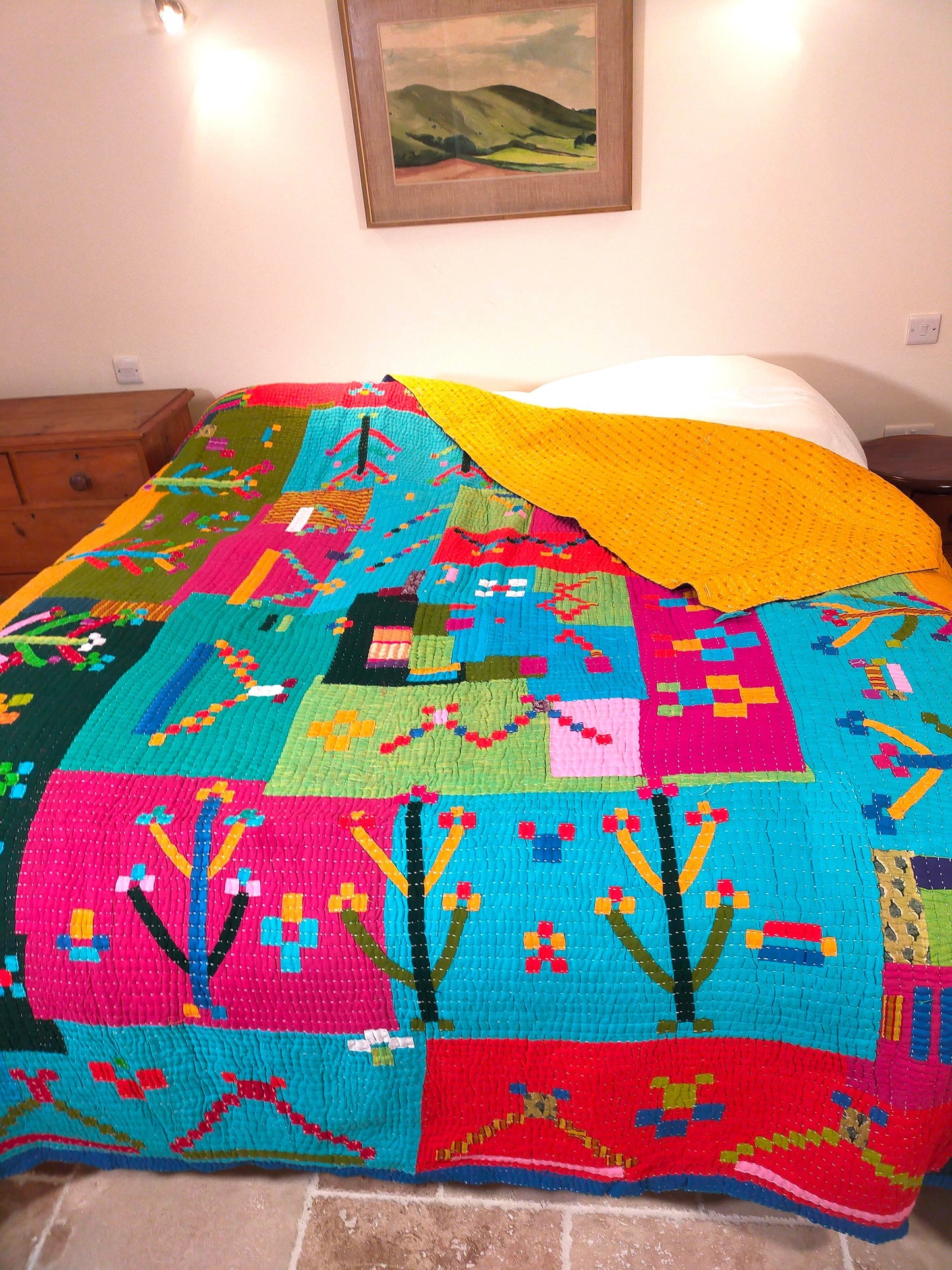 Siddi Kavand - Kantha Quilt - Large Quilt Or Textile Art, Made With Up-Cycled Cotton - Hand-Stitched By Women In Karnataka, India