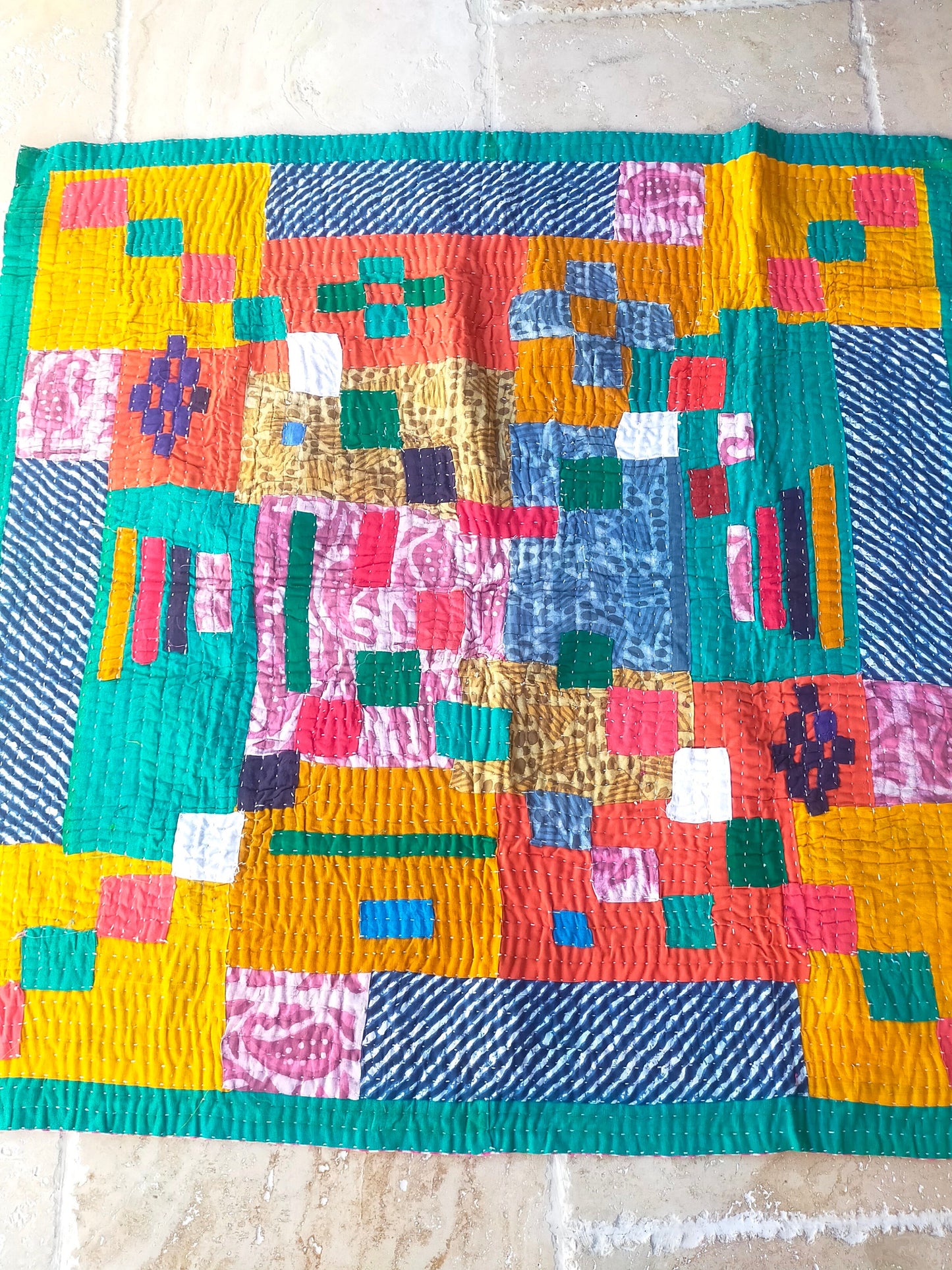 Siddi Kawandi - Quilted Kantha Babys Blanket Or Textile Art, Made With Recycled Cotton - Hand-Stitched By Women In India