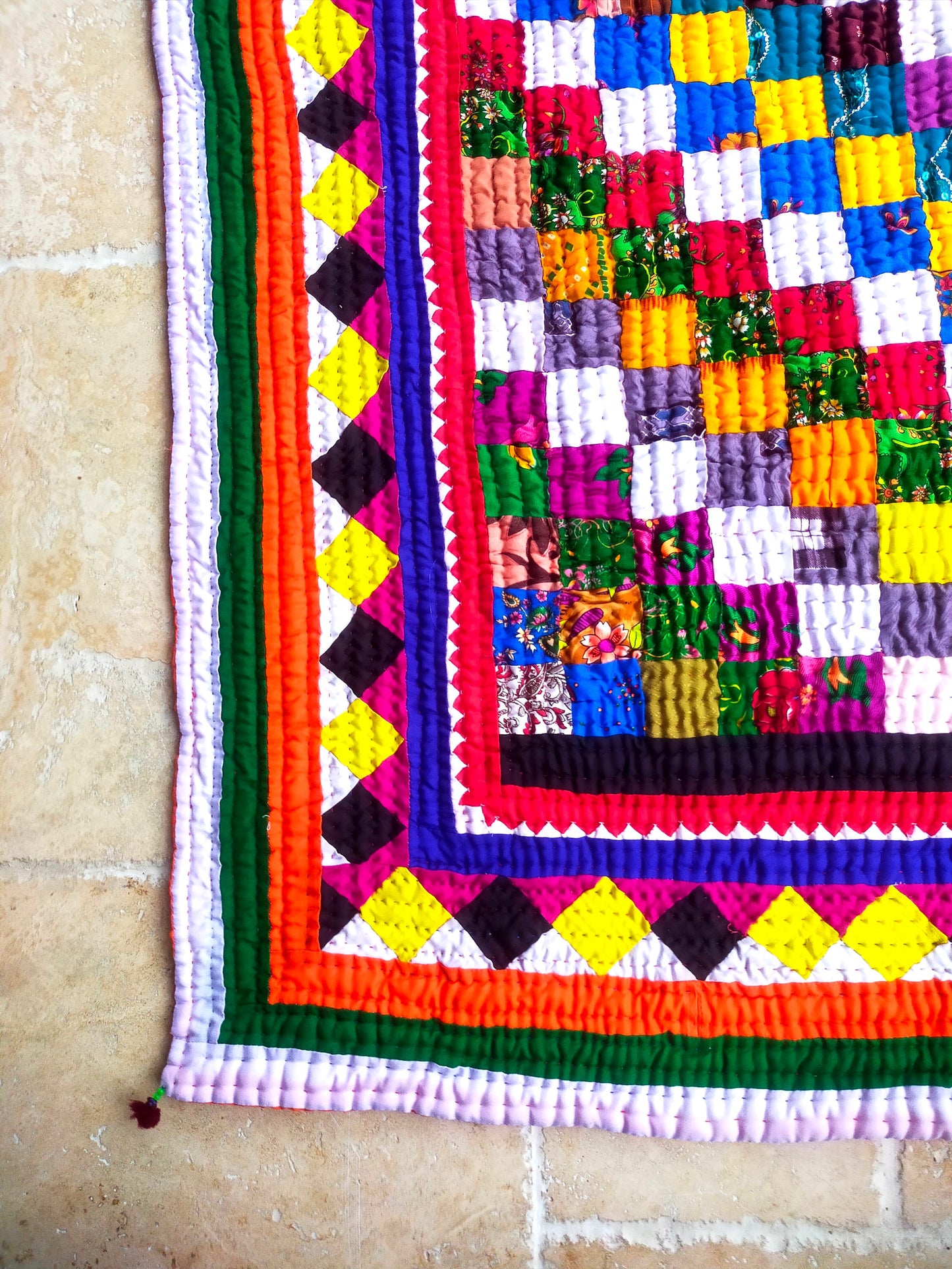 Hand Stitched Patchwork Quilt From The Meghwal Tribe Of Kutch, Gujarat. Ralli Multi Coloured