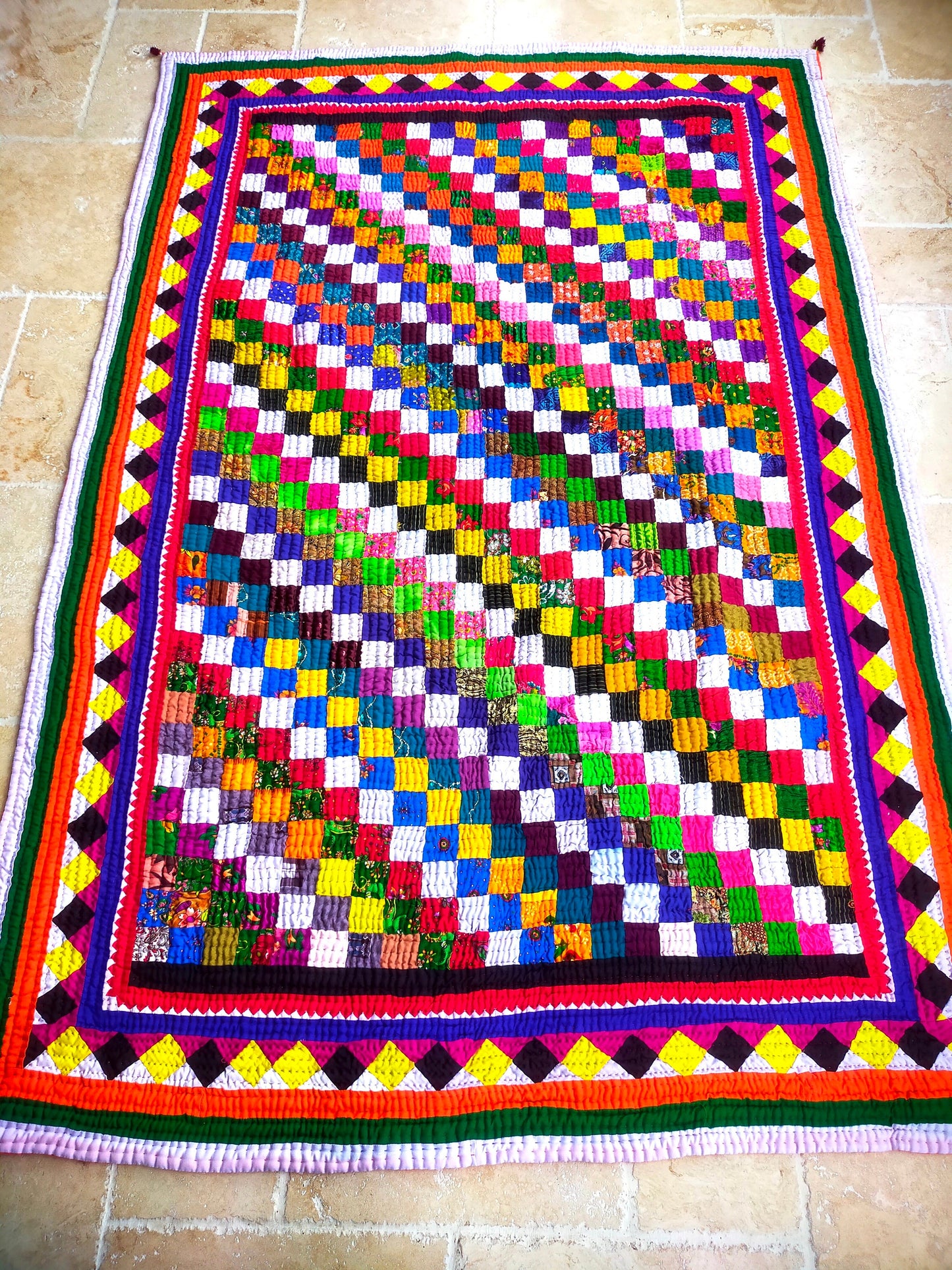 Hand Stitched Patchwork Quilt From The Meghwal Tribe Of Kutch, Gujarat. Ralli Multi Coloured