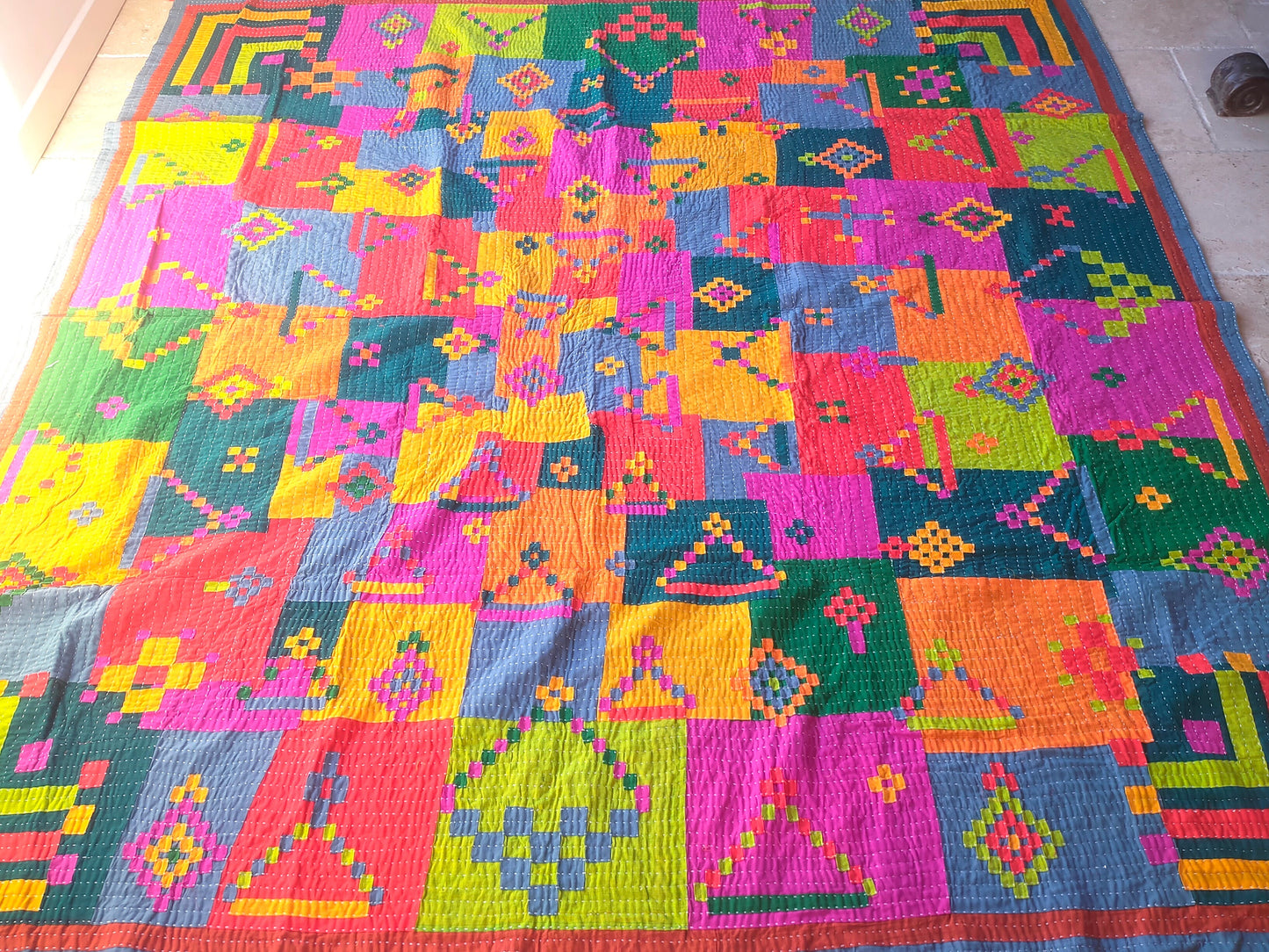 Siddi Kavand - Kantha Quilt - Double Quilt Or Textile Art, Made With Up-Cycled Cotton - Hand-Stitched By Women In Karnataka, India