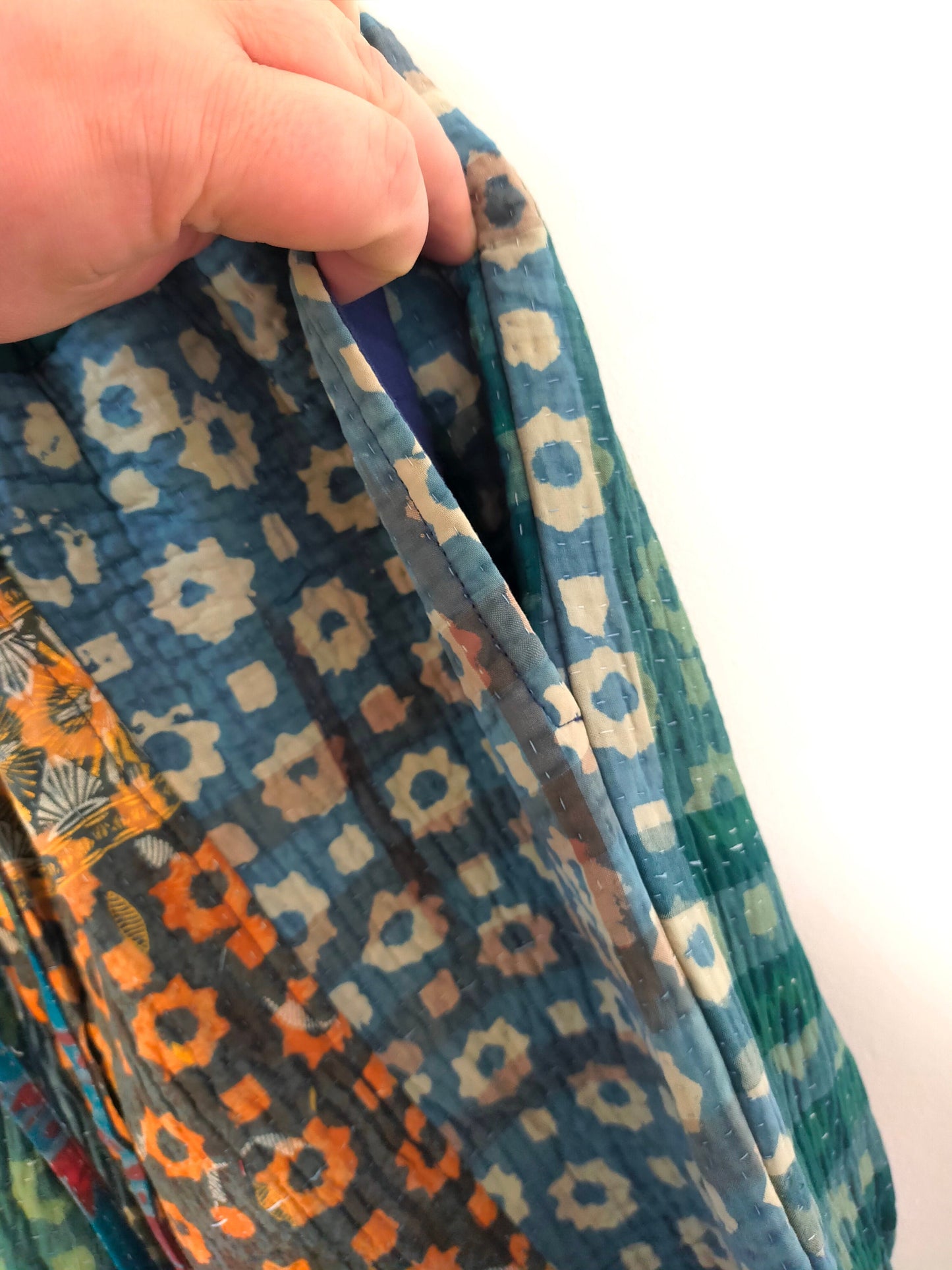Vintage Cotton Kantha Pants With Elasticated Waist, Over-dyed and Block Printed in Natural Indigo