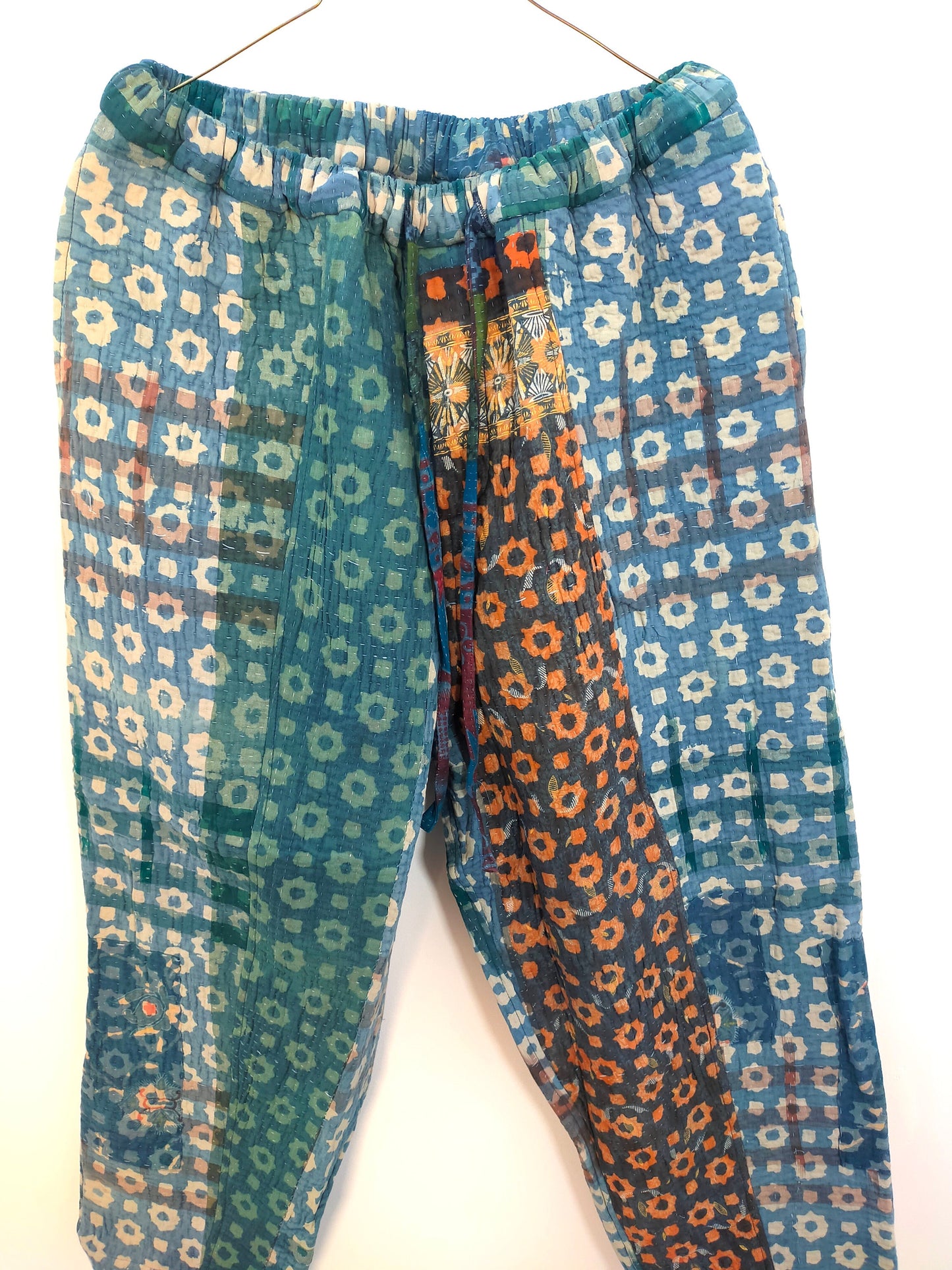Vintage Cotton Kantha Pants With Elasticated Waist, Over-dyed and Block Printed in Natural Indigo