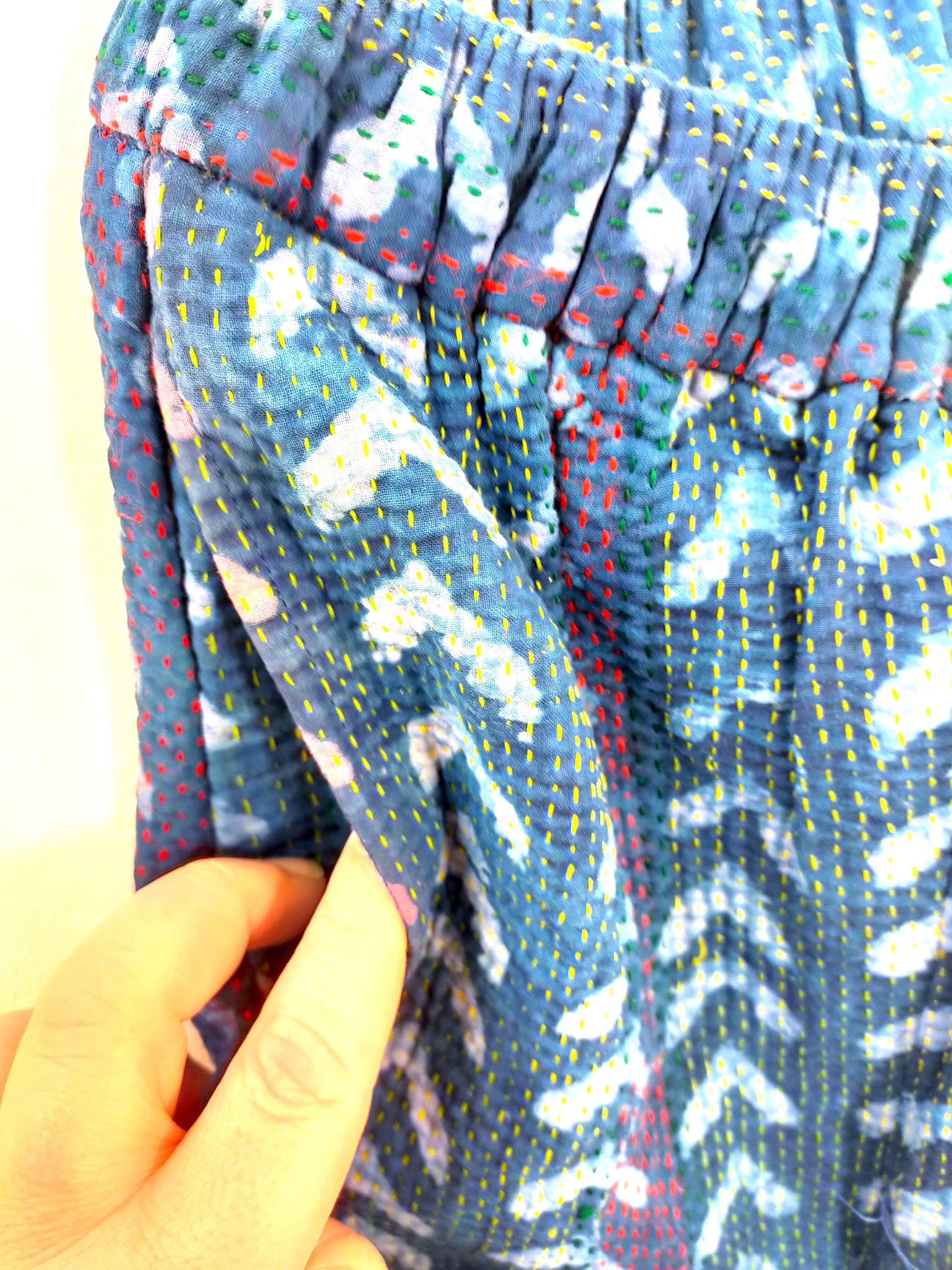Vintage Cotton Kantha Elasticated Trousers Pants, Over-dyed and Block Printed in Natural Indigo - Ethically Made