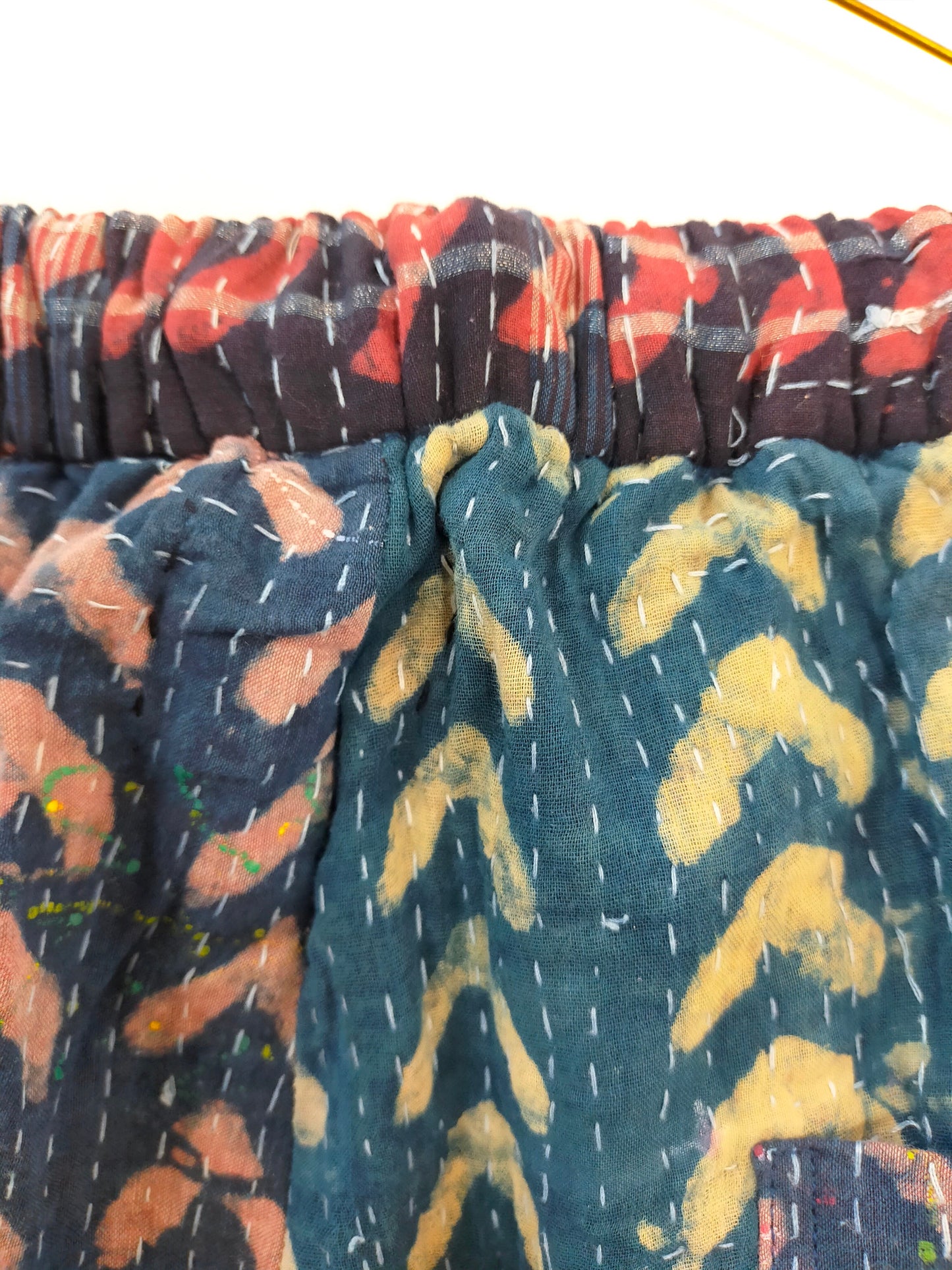 Vintage Cotton Kantha Pants Wirth Elasticated Waist Trousers, Over-dyed and Block Printed in Natural Indigo