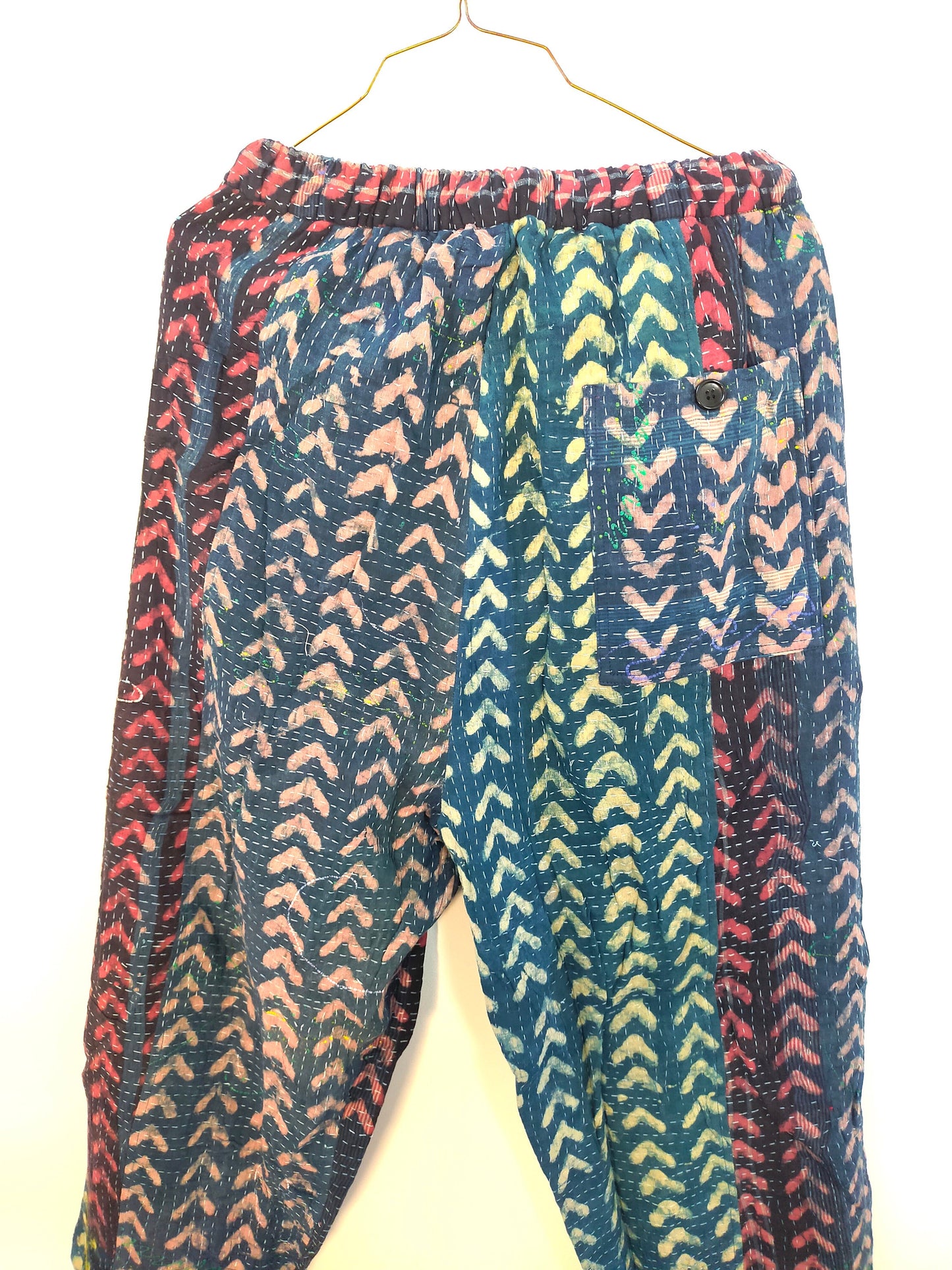 Vintage Cotton Kantha Pants Wirth Elasticated Waist Trousers, Over-dyed and Block Printed in Natural Indigo