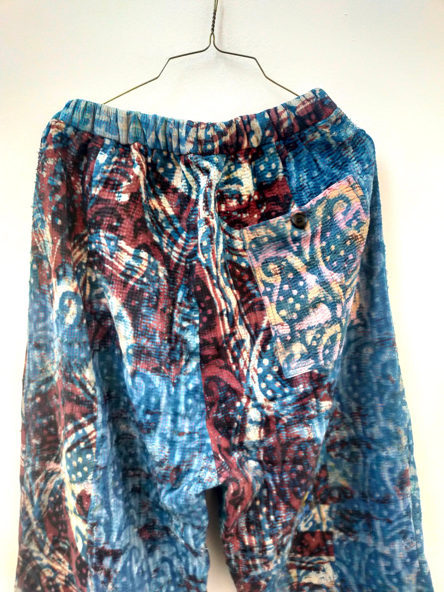 Vintage Cotton Hand-Stitched Kantha Trousers/Pants, Over-dyed and Block Printed in Natural Indigo