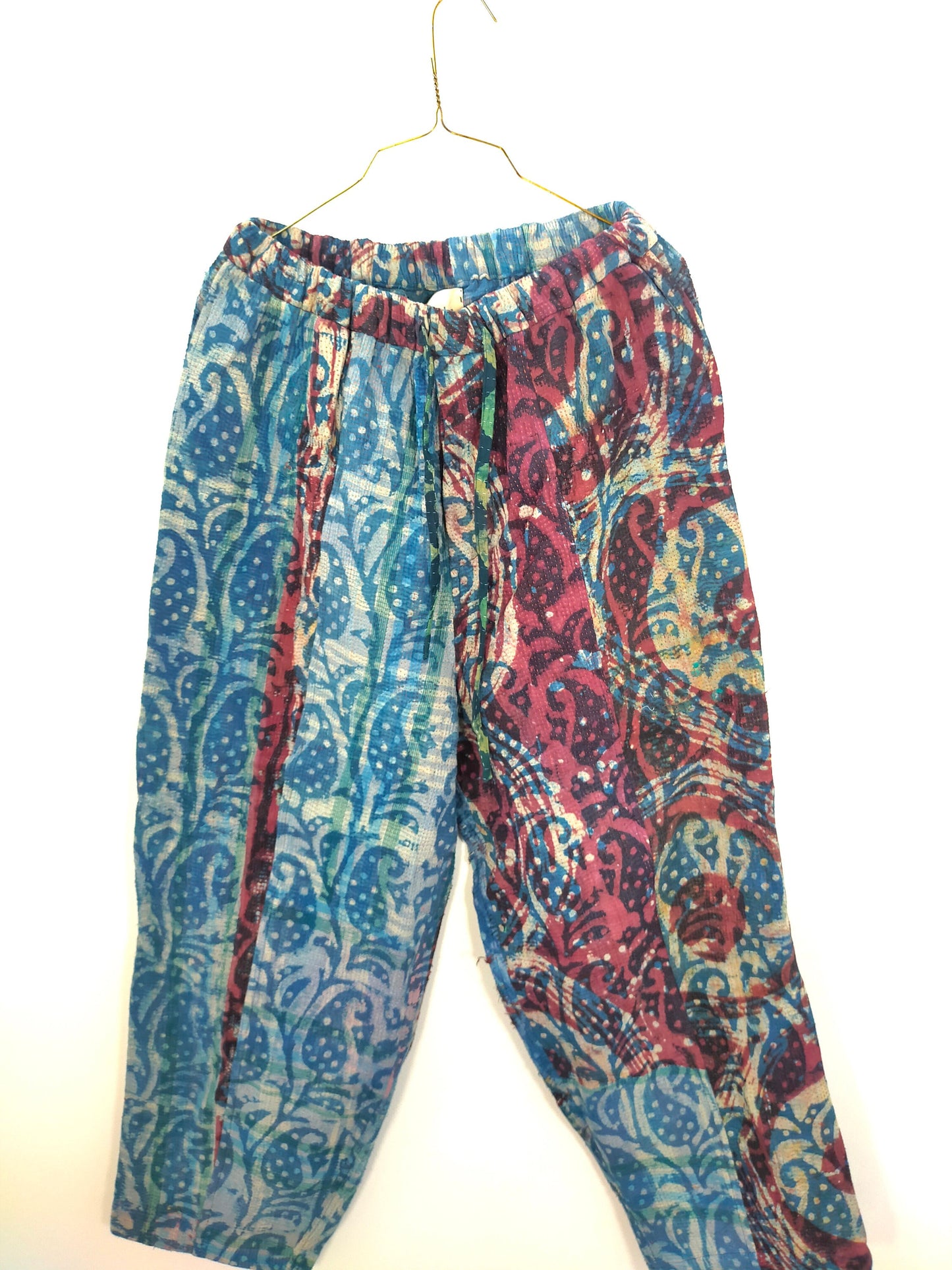 Vintage Cotton Hand-Stitched Kantha Trousers/Pants, Over-dyed and Block Printed in Natural Indigo