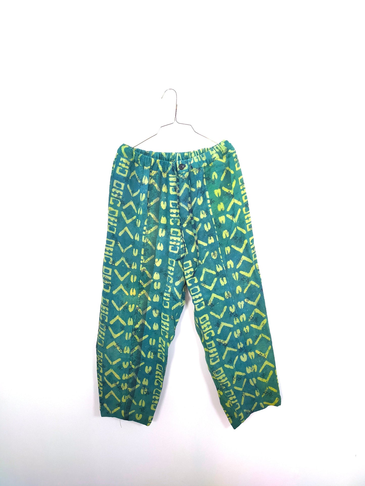 Vintage Cotton Kantha Elasticated Trousers Pants, Overdyed And Block Printed With Natural Indigo Green And Blue