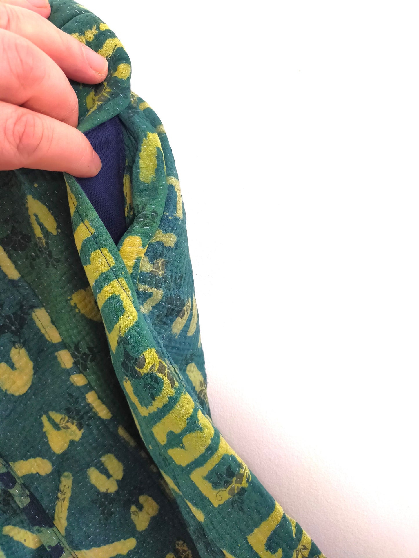 Vintage Cotton Kantha Elasticated Trousers Pants, Overdyed And Block Printed With Natural Indigo Green And Blue